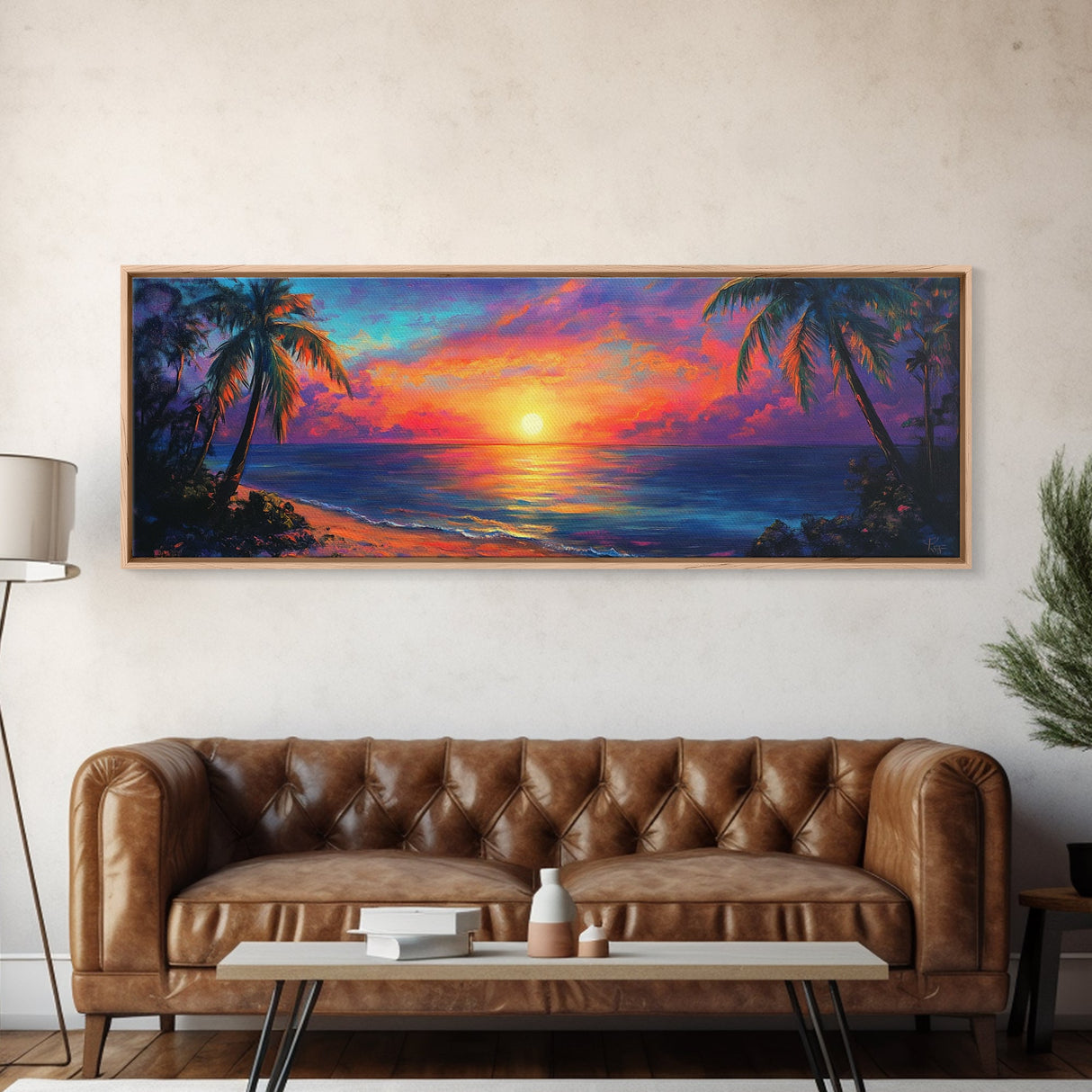 Tropical Sunset Paradise Framed Canvas Print Vibrant Beach Wall Art Palm Tree Coastal Decor Living Room Bedroom Gift Idea