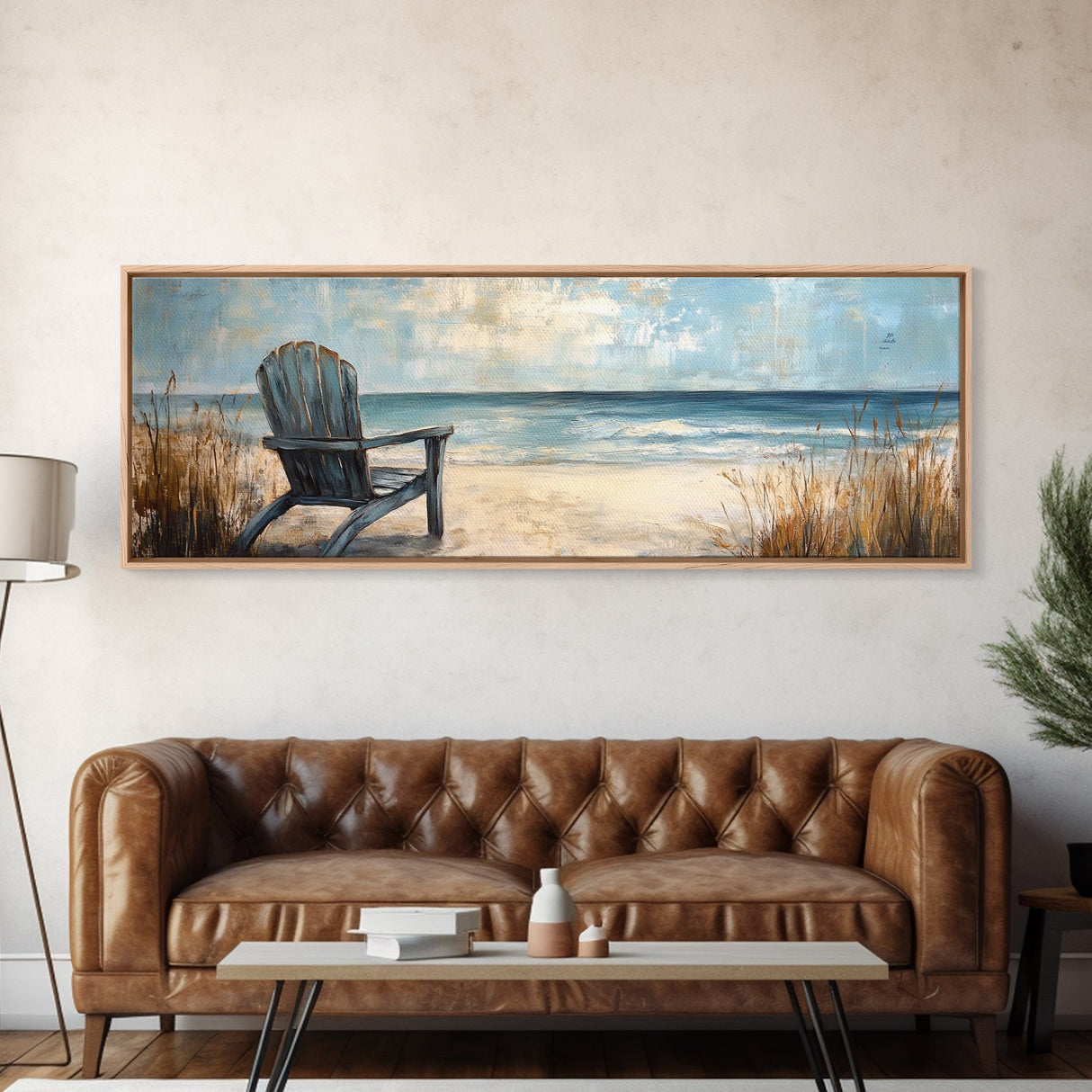 Adirondack Chair Beach Scene, Serene Coastal Landscape Art, Ocean View Wall Decor, Tranquil Bedroom, Framed Canvas Print