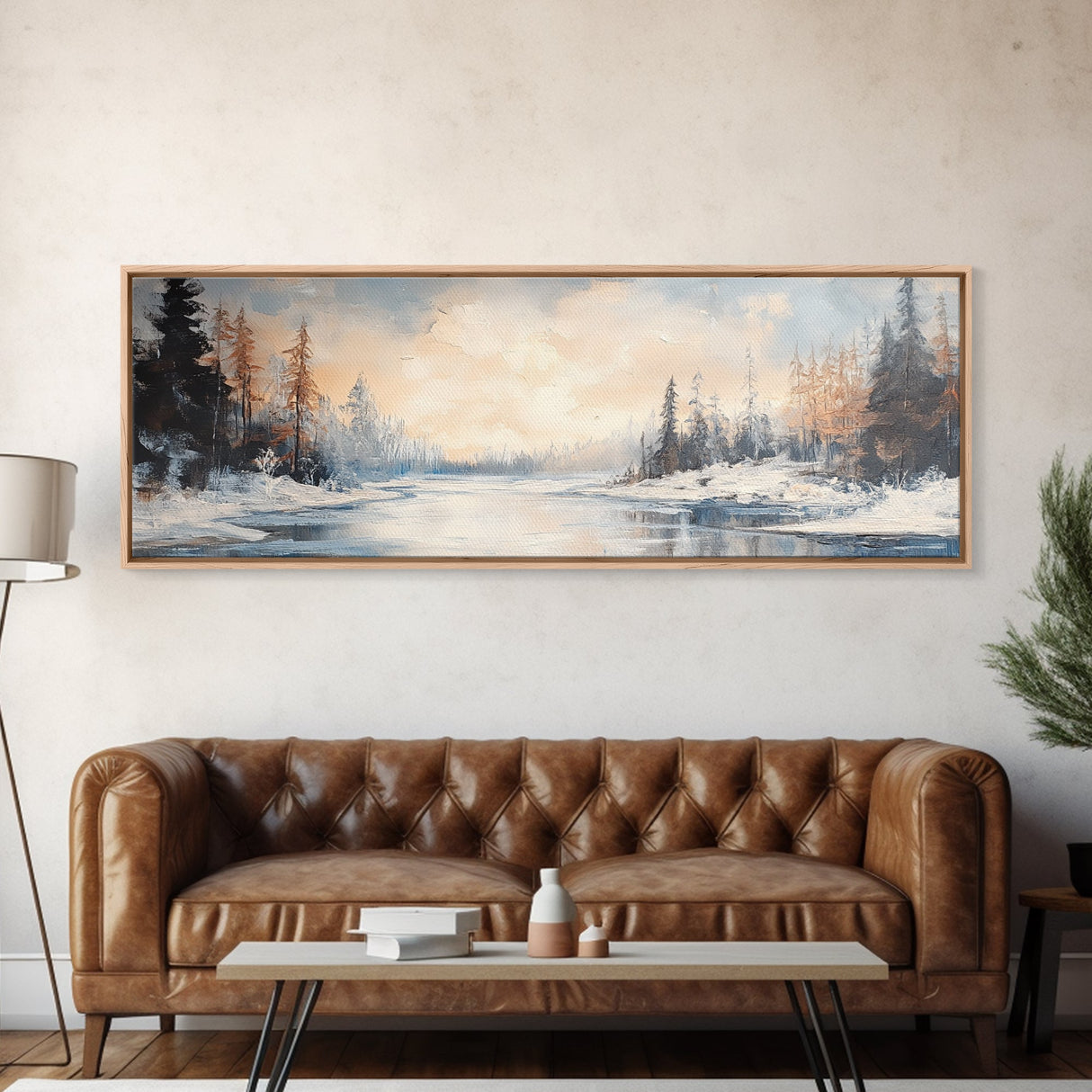Serene Winter Forest Framed Canvas Print, Snowy Landscape Painting, Cozy Christmas Wall Art, Neutral Rustic Home Decor, Lodge Art