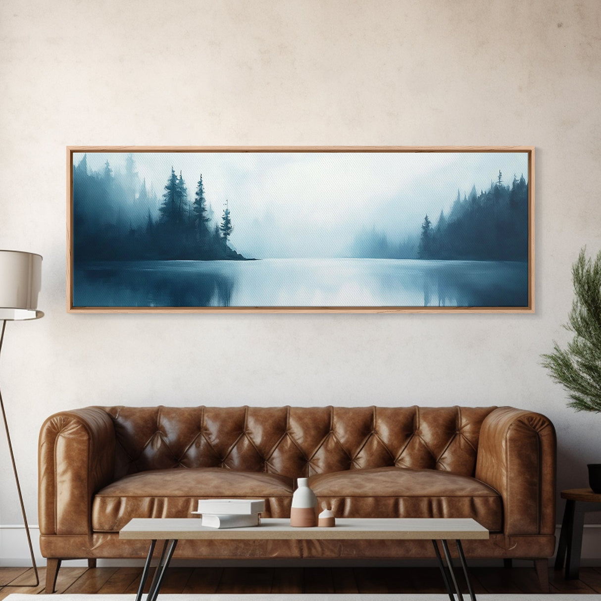 Misty Lake Forest Art, Moody Nature Painting, Blue Foggy Landscape, Tranquil Cabin Decor, Scandinavian Wall Art, Bedroom Art