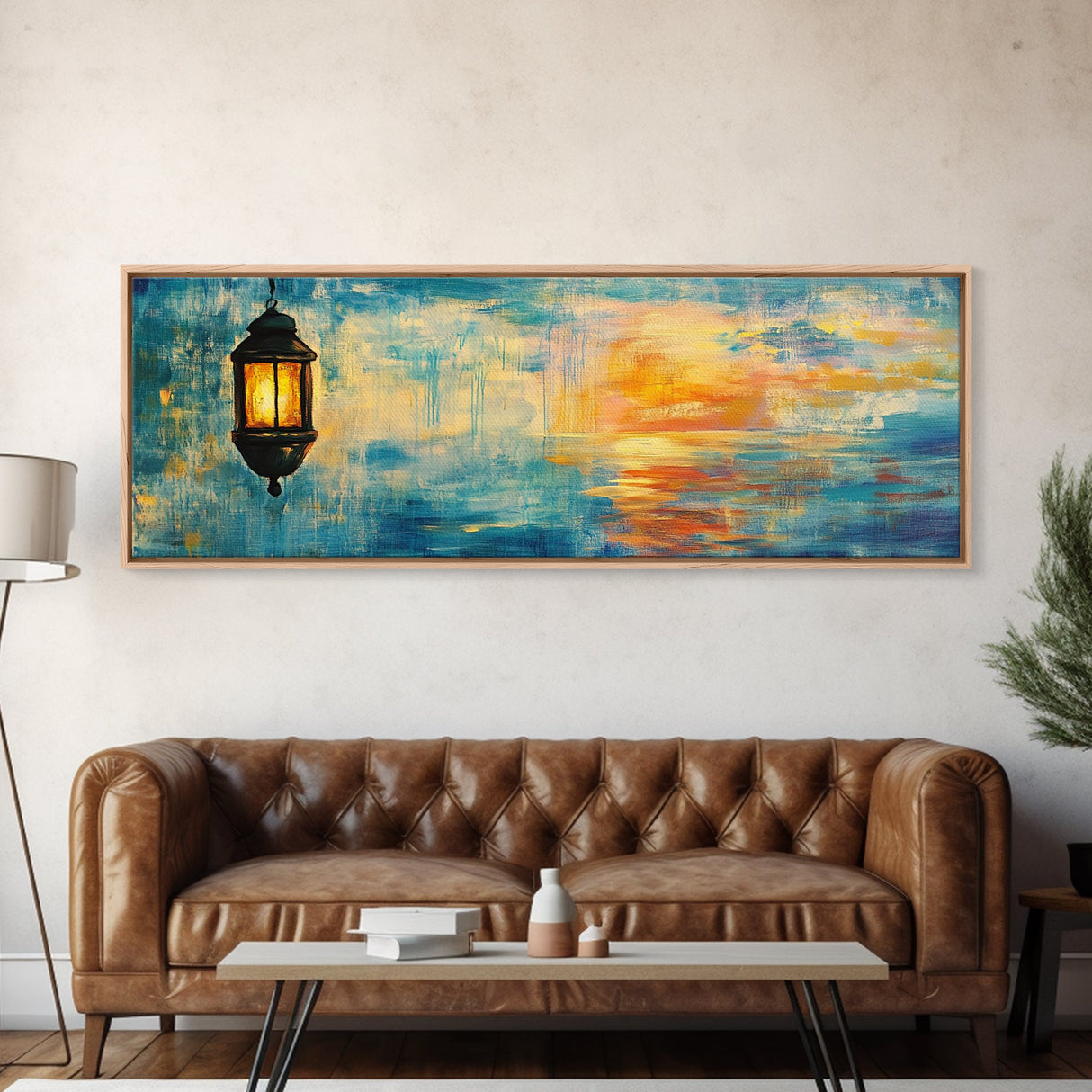 Lantern Glow Sunset Art, Warm Ambient Painting, Nautical Coastal Decor, Rustic Boho Home Wall Art, Relaxing Living Room Art