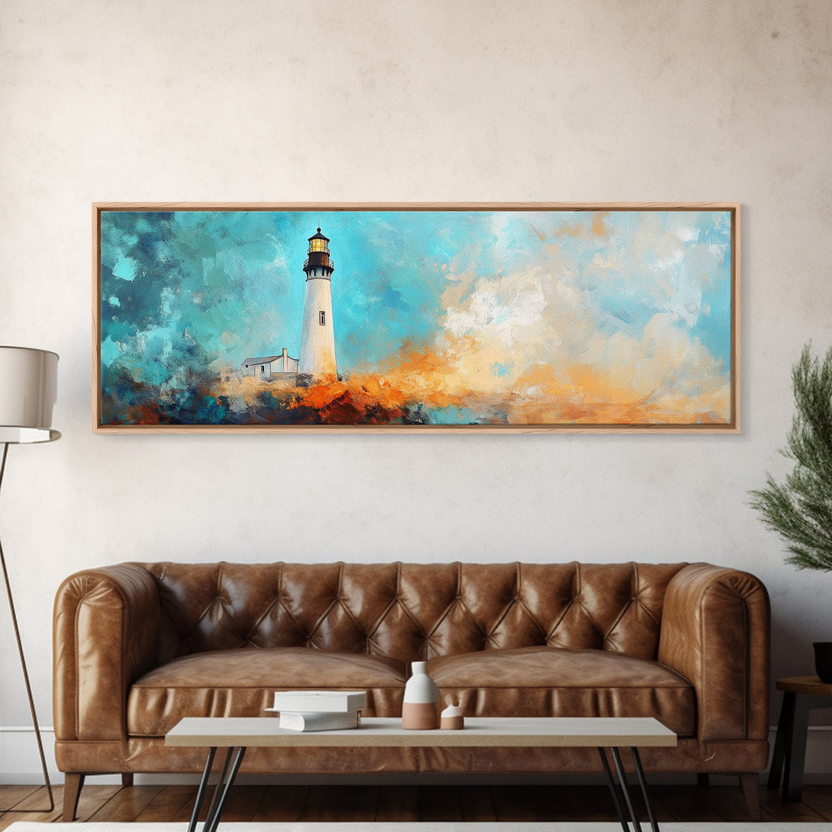 Lighthouse Cliff Seascape Art, Coastal Landscape Painting, Ocean View Home Decor, Modern Nautical Wall Art, Large Living Room Art