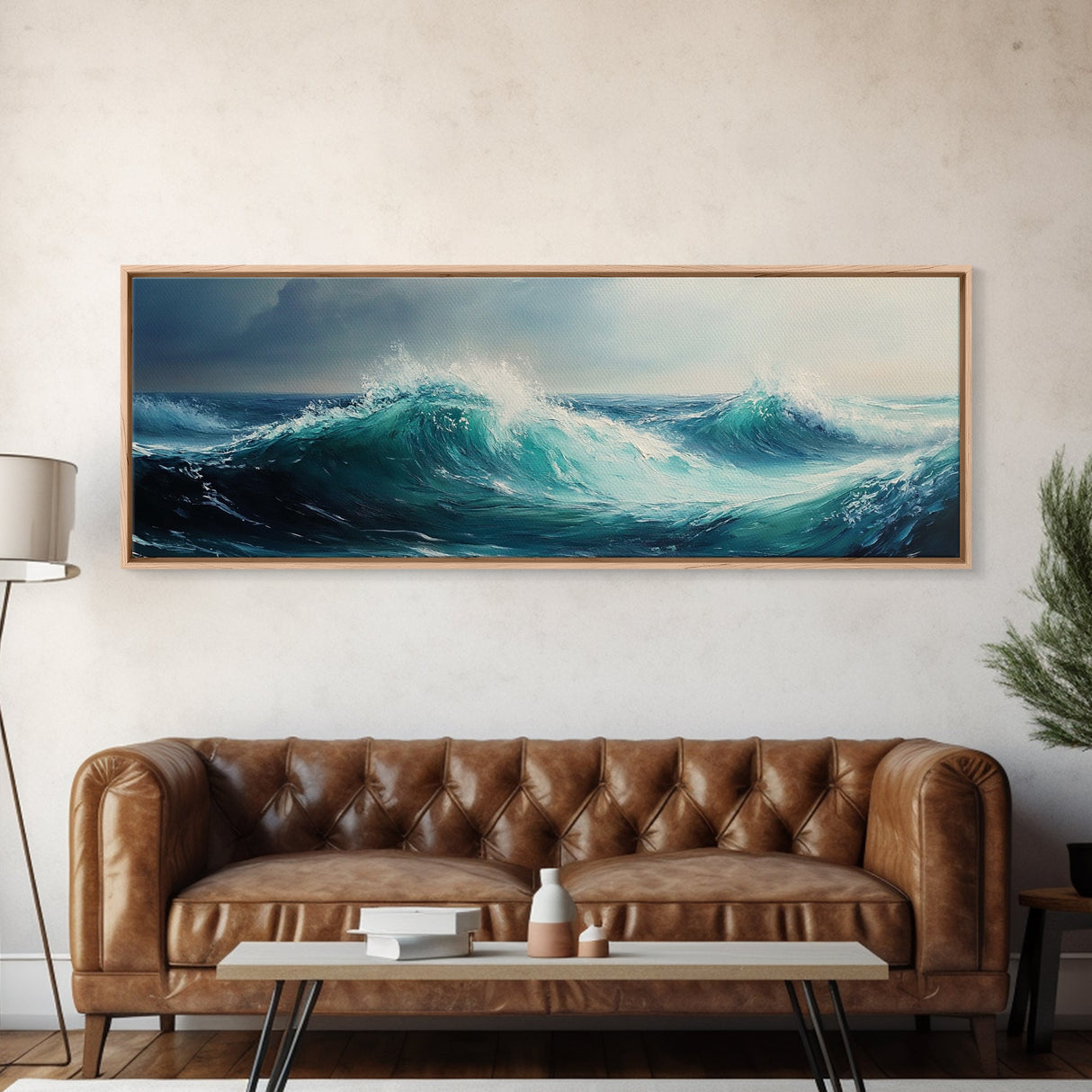 Stormy Sea Framed Canvas Print Dramatic Ocean Waves Painting, Moody Nautical Wall Art, Deep Blue Coastal Decor, Living Room Art