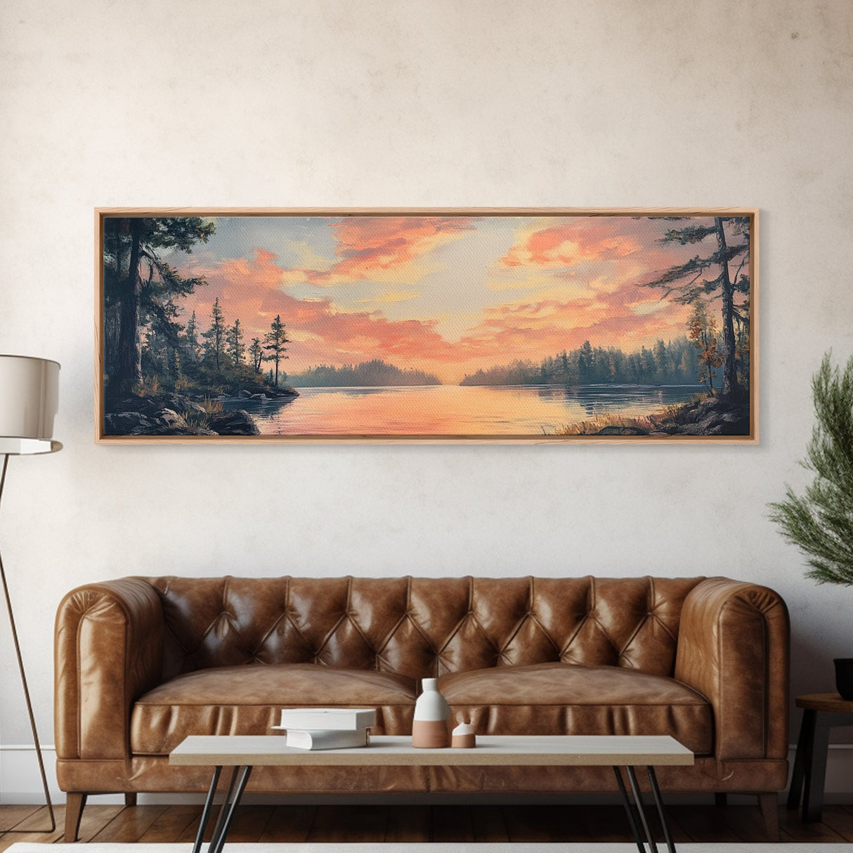 Sunset Lake Reflection Framed Canvas Print Autumn Landscape Warm Tones Nature Wall Art Rustic Cabin Decor Bedroom Living Room