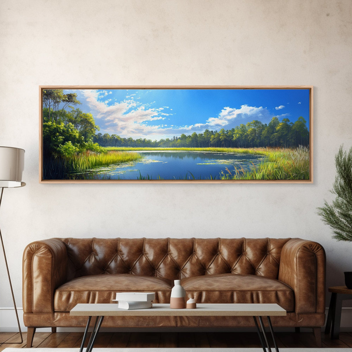 Scenic Lake Framed Canvas Print Nature Wall Art Peaceful Pond Painting Outdoor Retreat Decor Farmhouse Landscape Living Room Art
