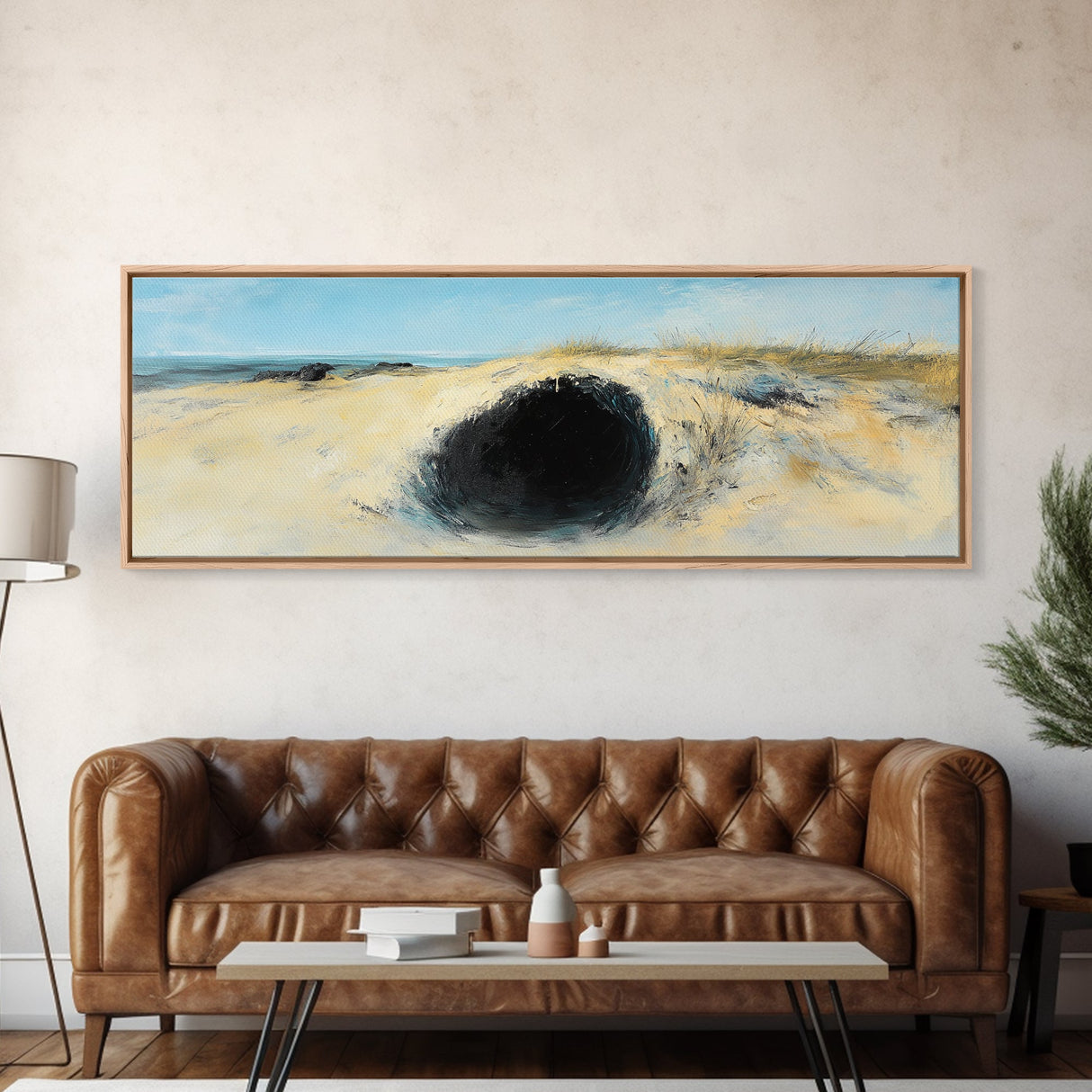 Desert Hole Mystery Framed Canvas Print - Surreal Sand Dune Painting, Minimalist Earthy Wall Art, Unique Living Space