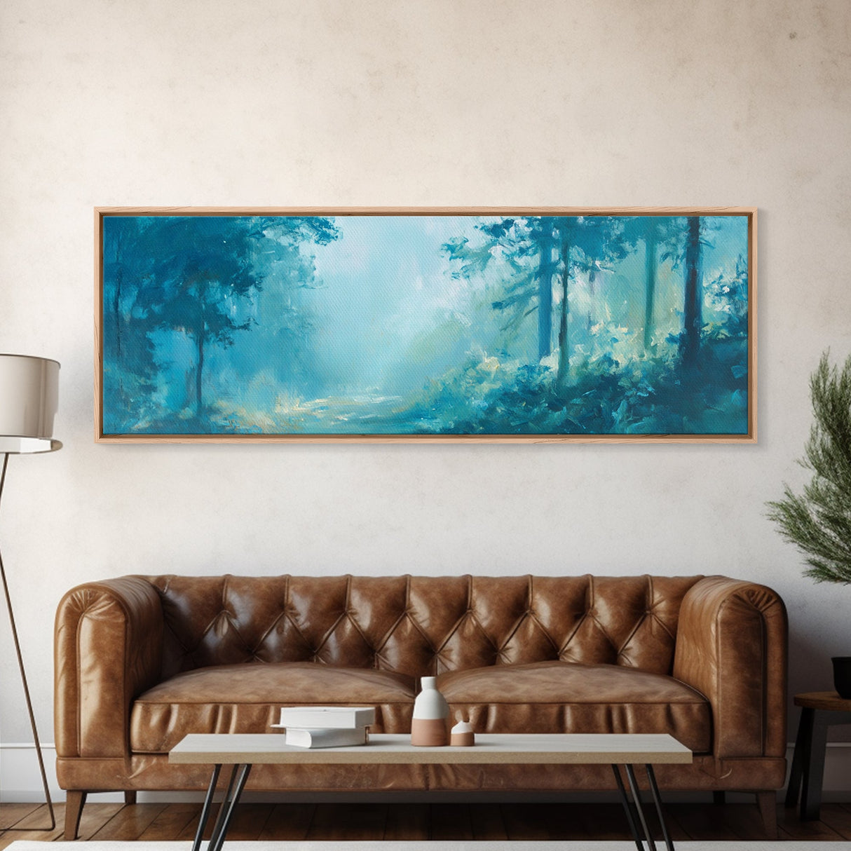 Misty Forest Painting Ethereal Blue Woodland Art Dreamy Nature Landscape Wall Decor Tranquil Aesthetic Bedroom Artwork