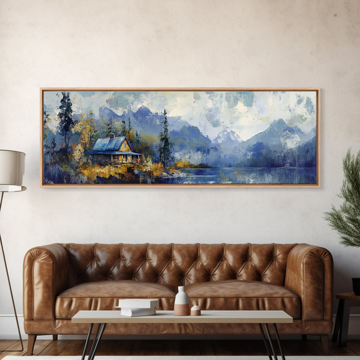 Mountain Cabin Painting Rustic Lakeside Autumn Landscape Wall Art Cozy Wilderness Retreat Artwork Living Room