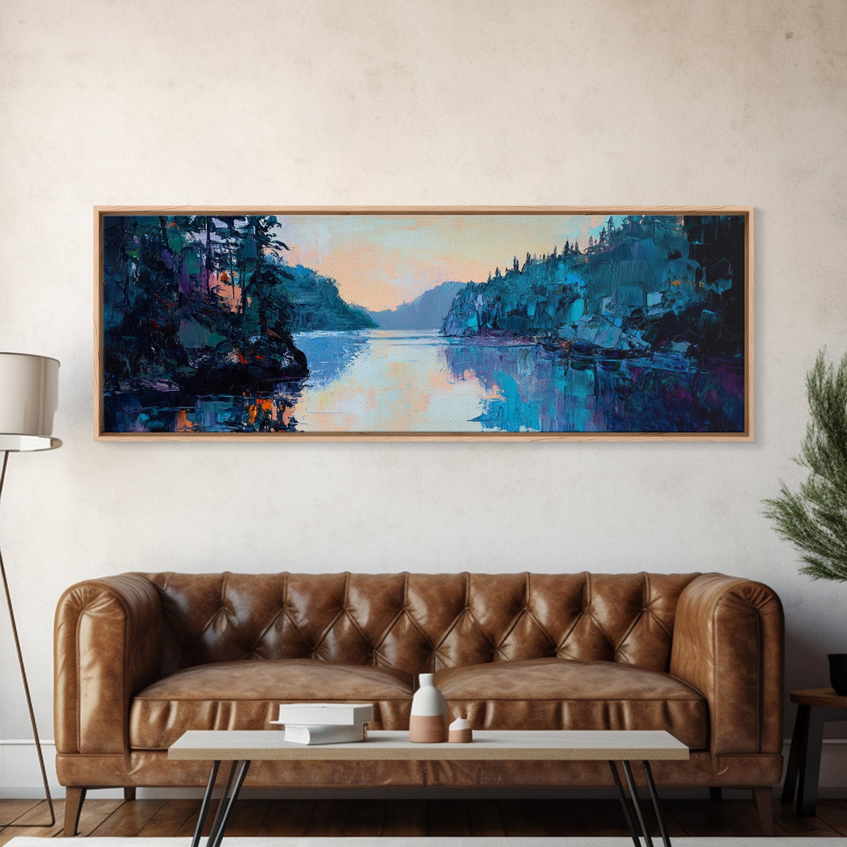 Twilight Lake Reflections Framed Canvas Print, Moody Landscape Painting, Dark Blue Nature Wall Art, Bedroom Art, Wilderness Artwork