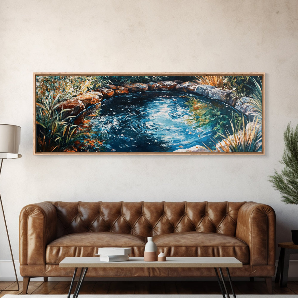 Tranquil Forest Pond Canvas Print, Rustic Nature Painting, Water Reflection Wall Art, Cabin Living Room Decor, Earthy Green Artwork