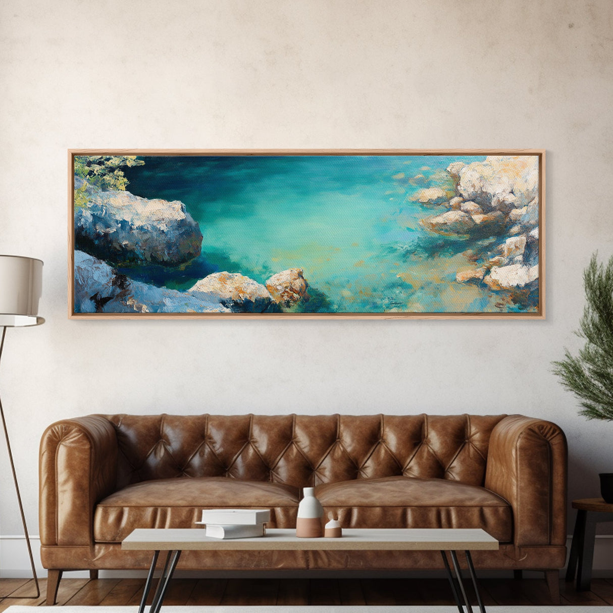 Turquoise Water Cove Framed Canvas Print Coastal Wall Art, Modern Beach Artwork, Ocean Decor, Minimalist Seascape Painting, Bedroom Art