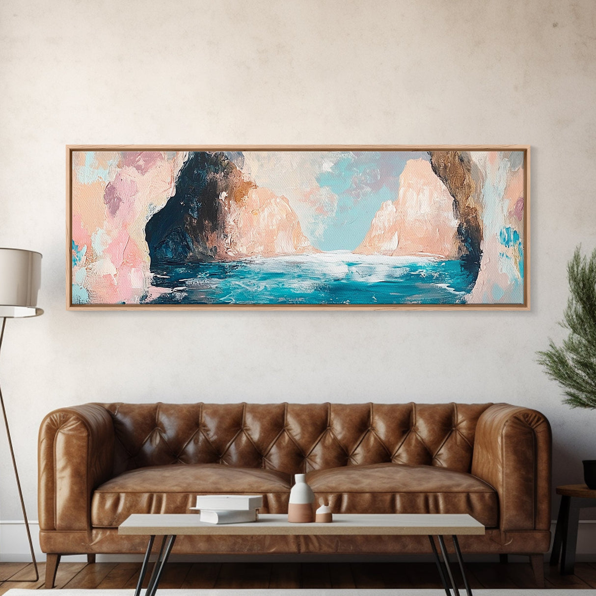 Serene Ocean Cliffs Framed Canvas Print Soft Pastel Coastal Art, Minimalist Seascape Painting, Tranquil Beach Decor, Modern Home Art