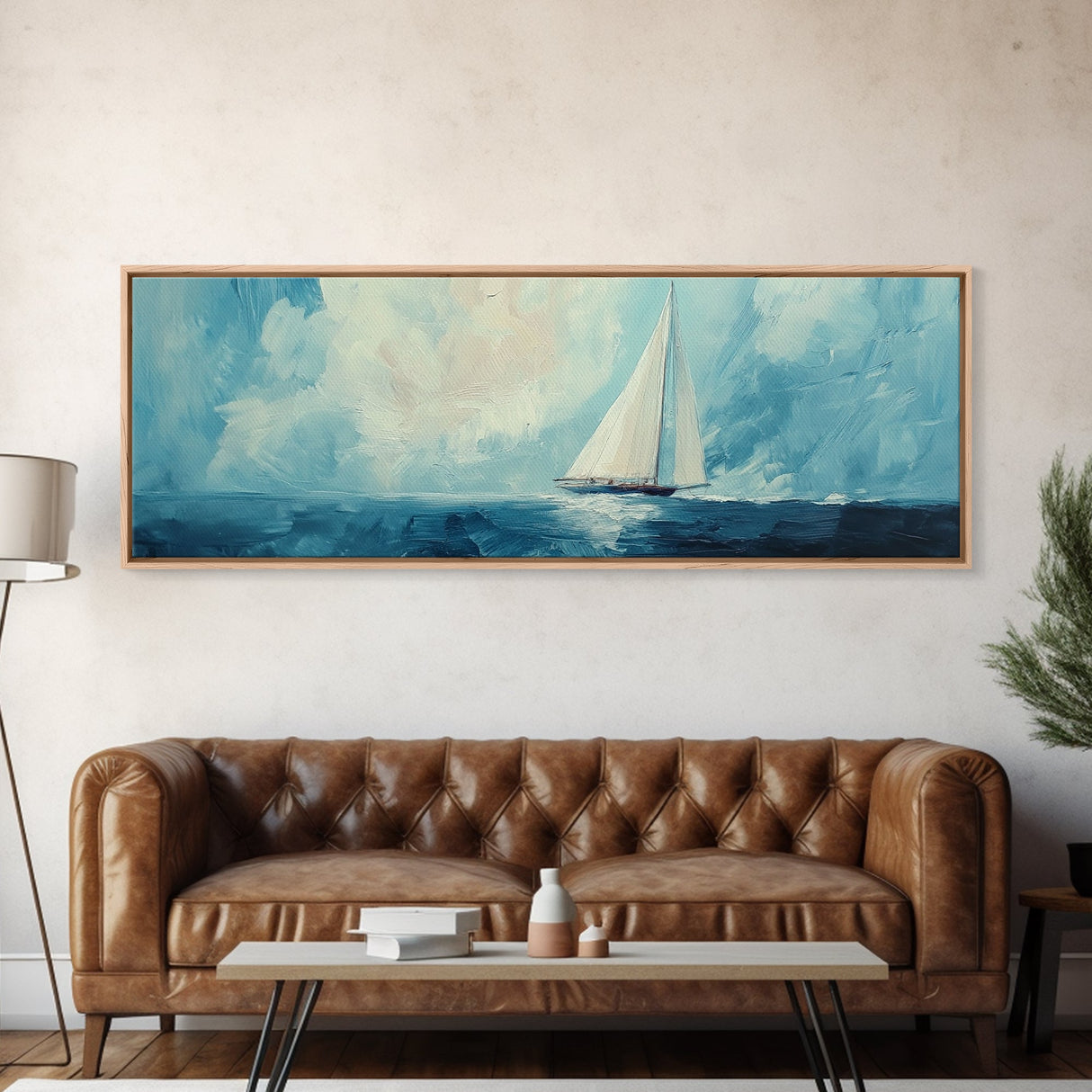 Sailboat on Open Sea Framed Canvas Print Nautical Wall Art, Ocean Painting, Coastal Home Decor, Minimalist Seascape, Beach House Art