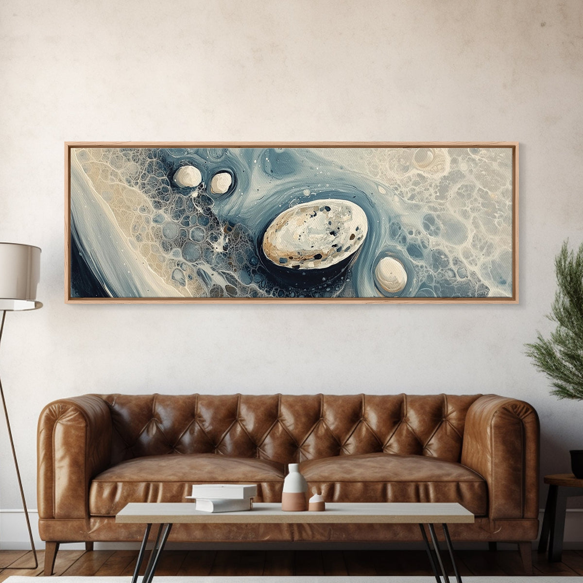 Fluid Abstract Pebbles Framed Canvas Print Modern Wall Art Contemporary Blue Grey Home Decor Minimalist Office Wall Art