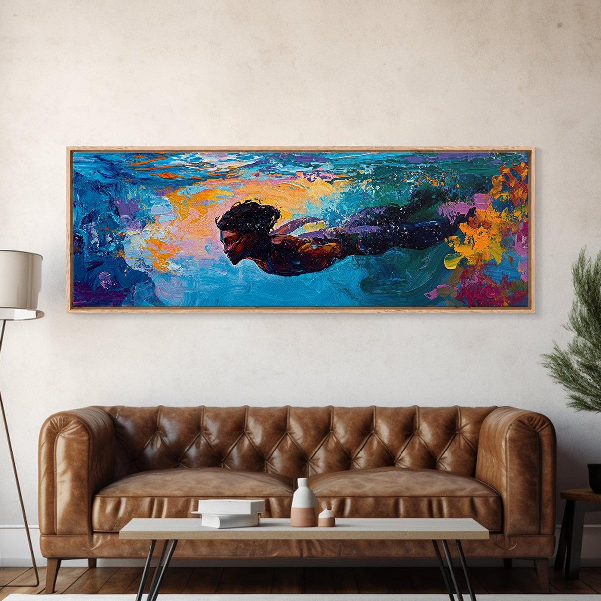 Underwater, Swimmer, Colorful, Abstract, Canvas Print, Vibrant Art, Living Room Decor, Ocean Wall Art, Modern Painting