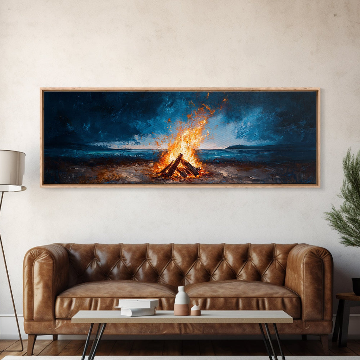 Stormy Beach Bonfire Canvas Print Dramatic Coastal Wall Art Ocean Fire Pit Painting Wilderness Adventure Decor Moody Gift