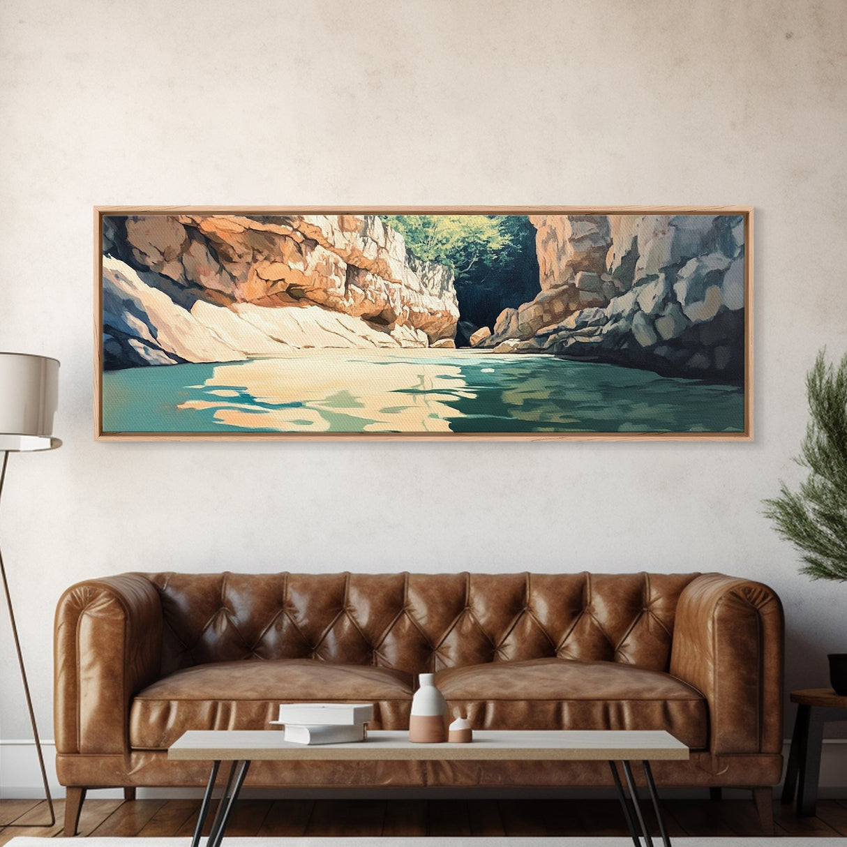 Serene River Canyon Framed Canvas Print Nature Landscape Painting, Rustic Lodge Wall Art, Outdoor Adventure Decor, Water Scene Art