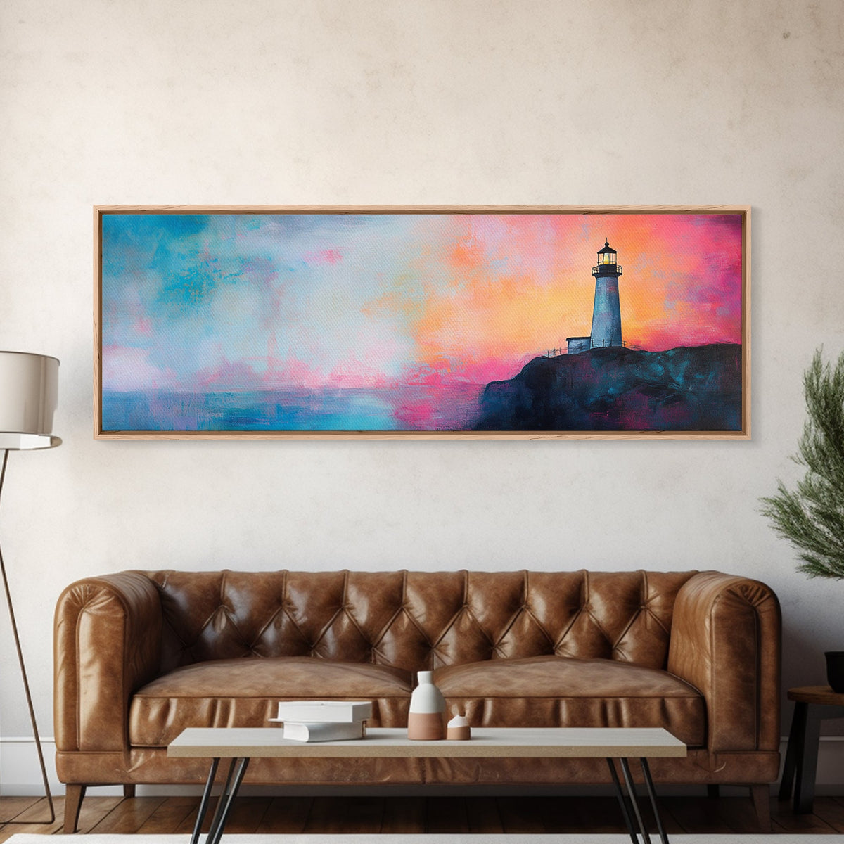 Lighthouse Sunset Canvas Print Nautical Wall Art, Vibrant Coastal Painting, Pink and Blue Seascape, Bedroom Decor