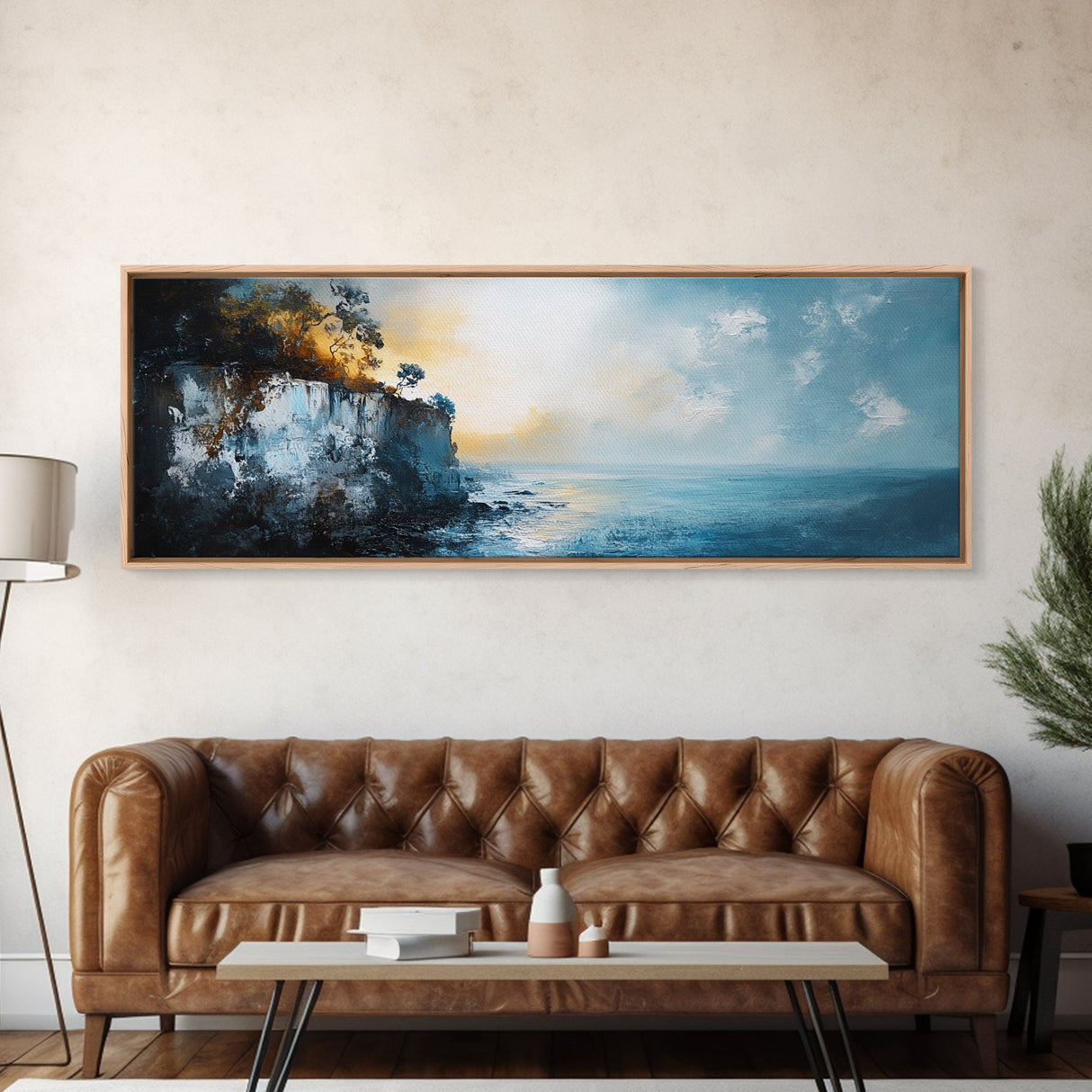 Misty Ocean Cliffs Canvas Print Moody Coastal Wall Art, Dark Blue Seascape Painting, Foggy Landscape, Contemporary Office Decor