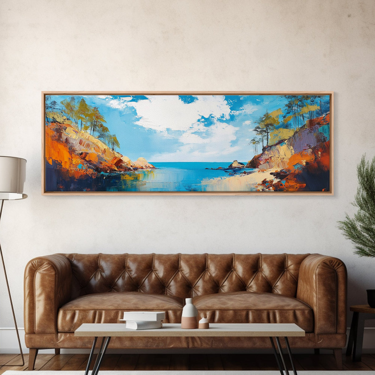 Golden Coast Sunset Framed Canvas Print Bold Landscape Painting, Seaside Scene, Impressionist Coastal Wall Art, Living Room Decor