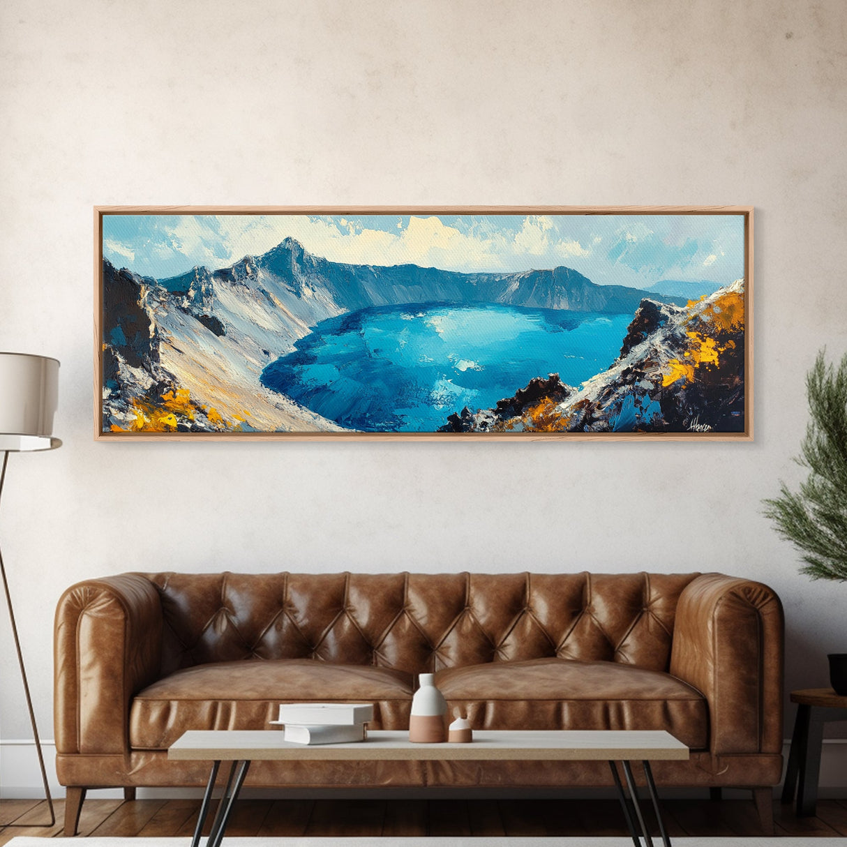 Crater Lake Landscape Framed Canvas Print Majestic Mountain Wall Art, Textured Impasto Painting, Nature Inspired Living Room Decor