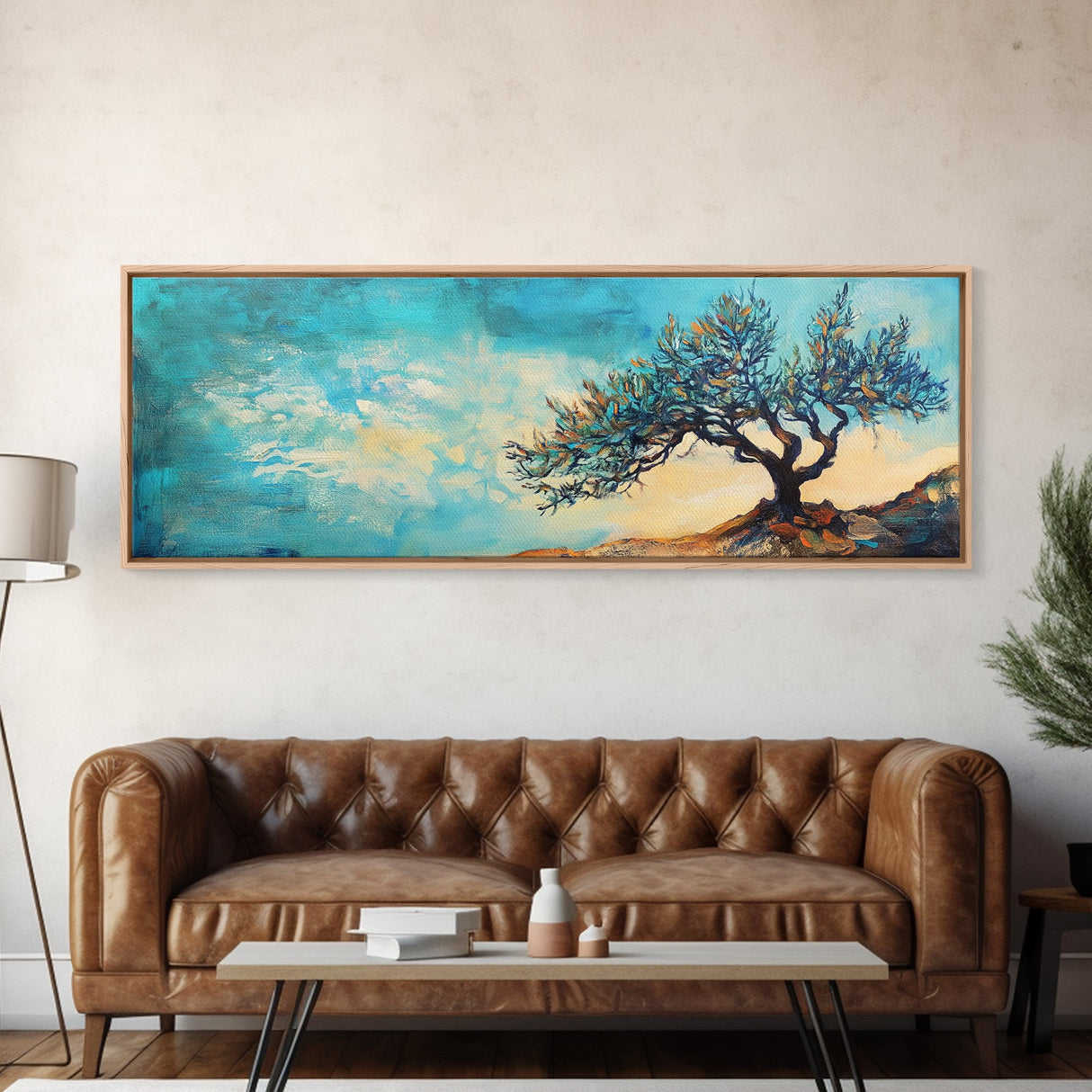 Windswept Tree Landscape Wall Art, Minimalist Nature Painting, Serene Sky Artwork, Zen Meditation Room Decor, Earthy Tones