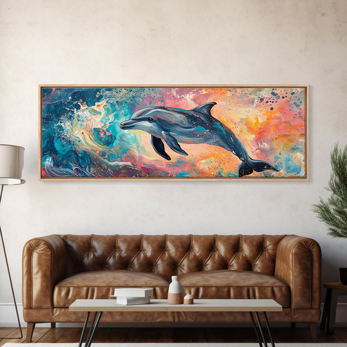 Playful Dolphin in Ocean Waves, Colorful Abstract Sea Life Art, Vibrant Marine Animal Painting, Coastal Home Decor