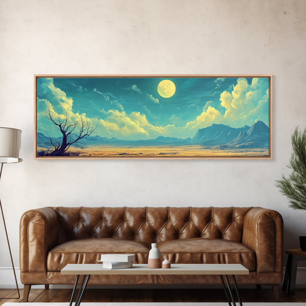 Moonlit Desert Nightscape, Mystical Blue and Gold Landscape Art, Dreamy Celestial Wall Decor, Surreal Nature Painting