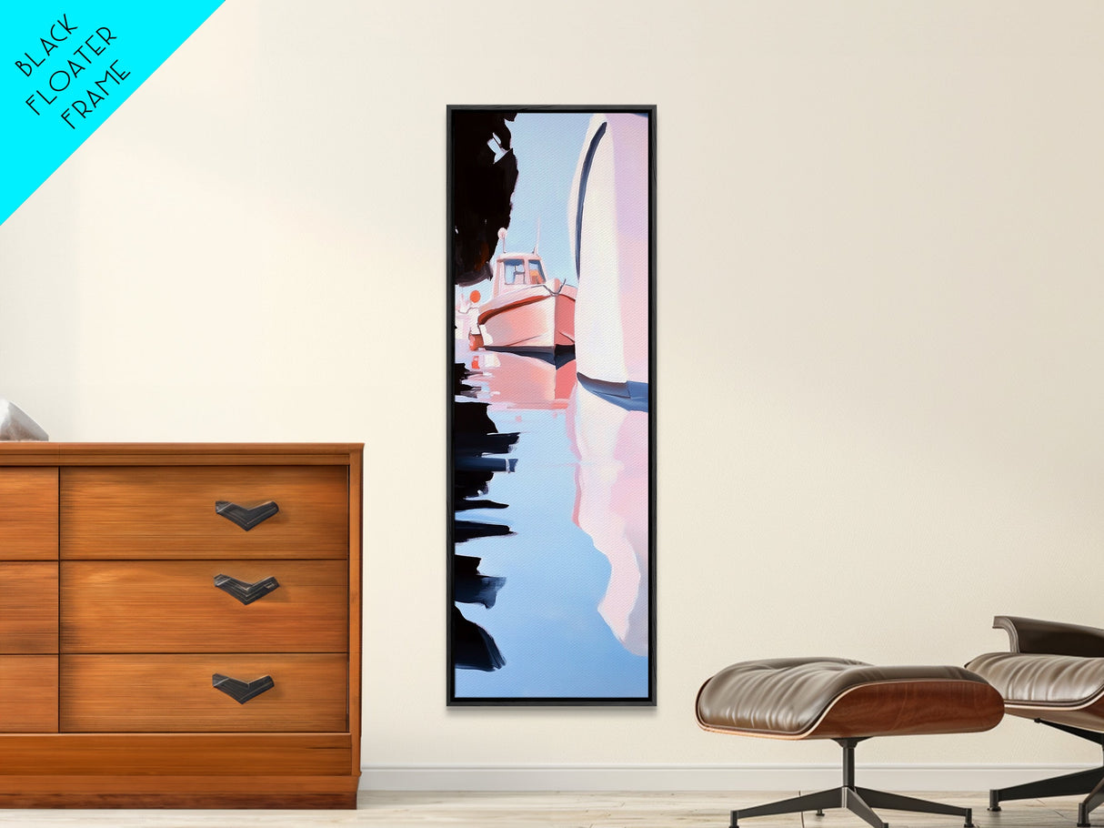 Harbor Reflections, Nautical Wall Art, Coastal Painting, Blue and Pink Decor, Ocean Home, Minimalist Seascape, Framed Canvas Print