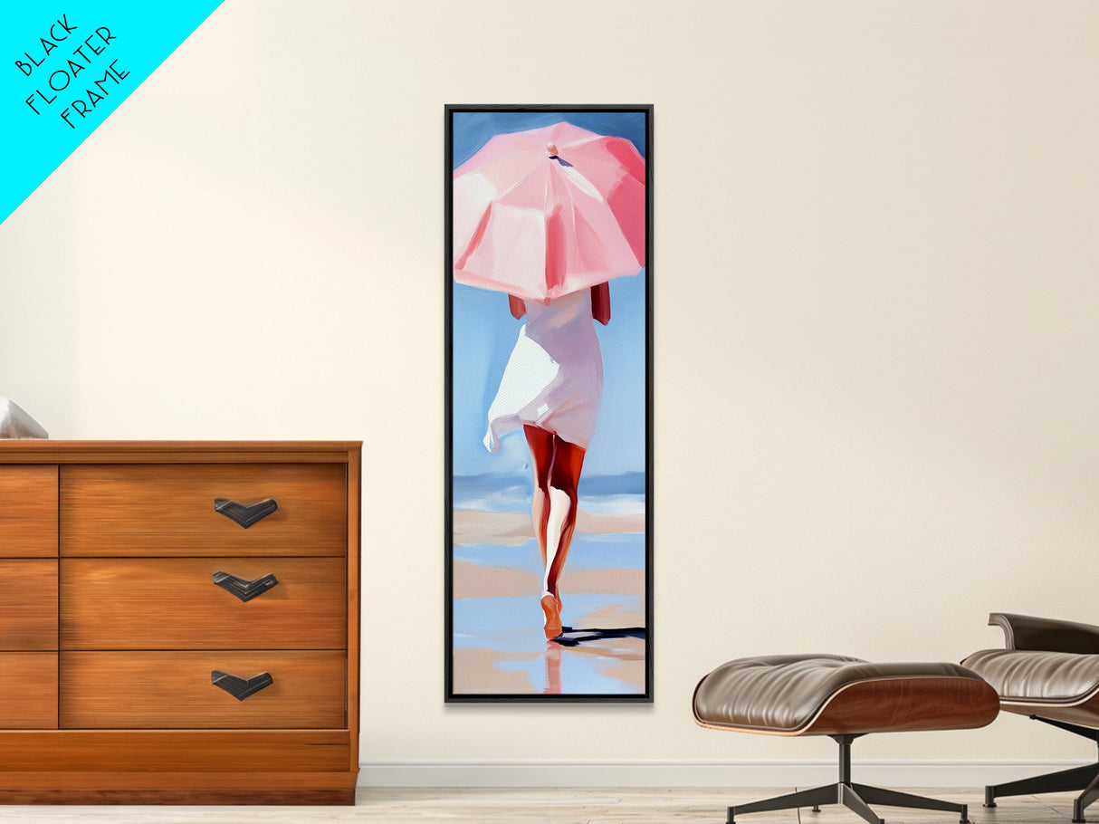 Woman with Umbrella, Summer Vibes, Framed Canvas Print, Coastal Minimalist, Soft Pastel Art, Relaxing Wall Art, Living Room Decor