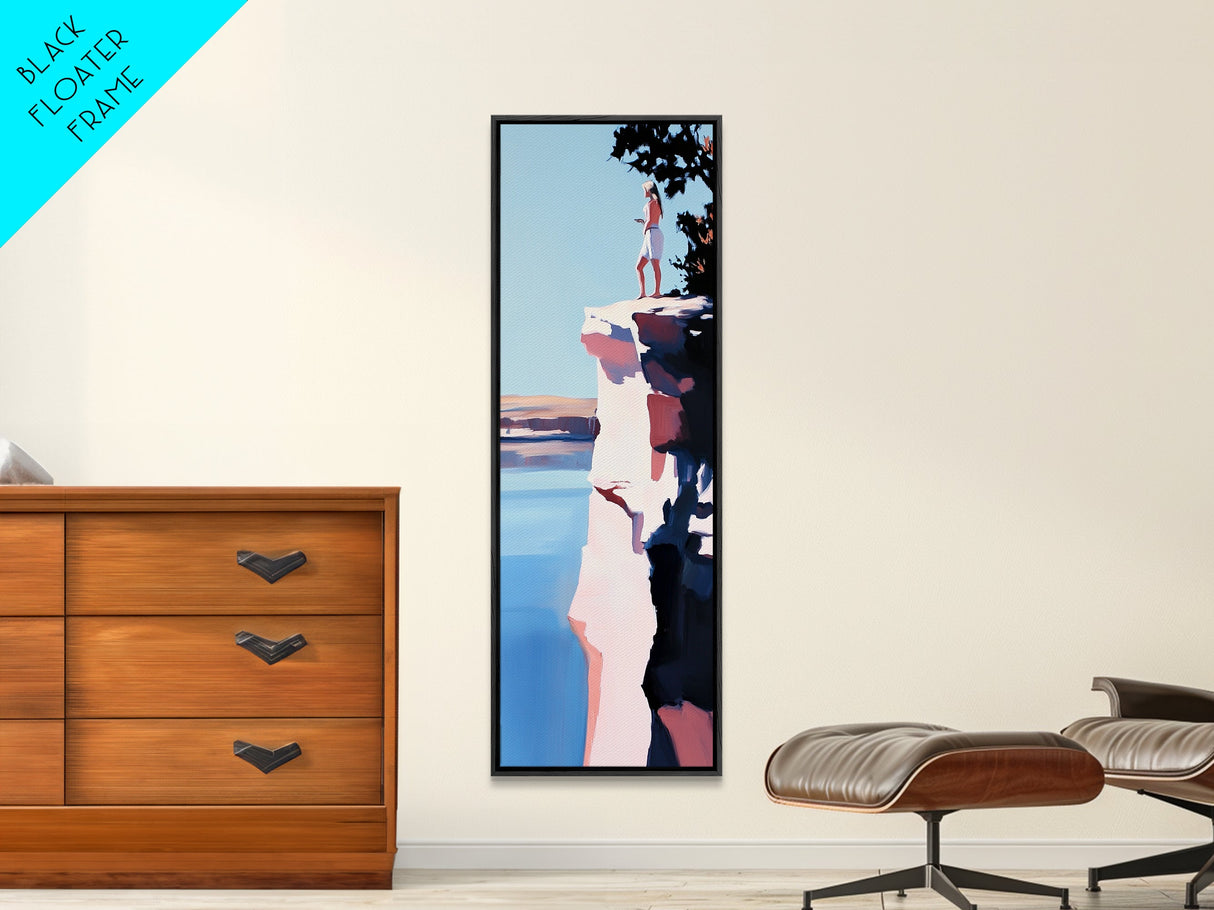 Cliffside Explorer, Adventure Art, Outdoor Wall Art, Canvas Print, Wanderlust Aesthetic, Minimalist Travel Art, Mountain Decor