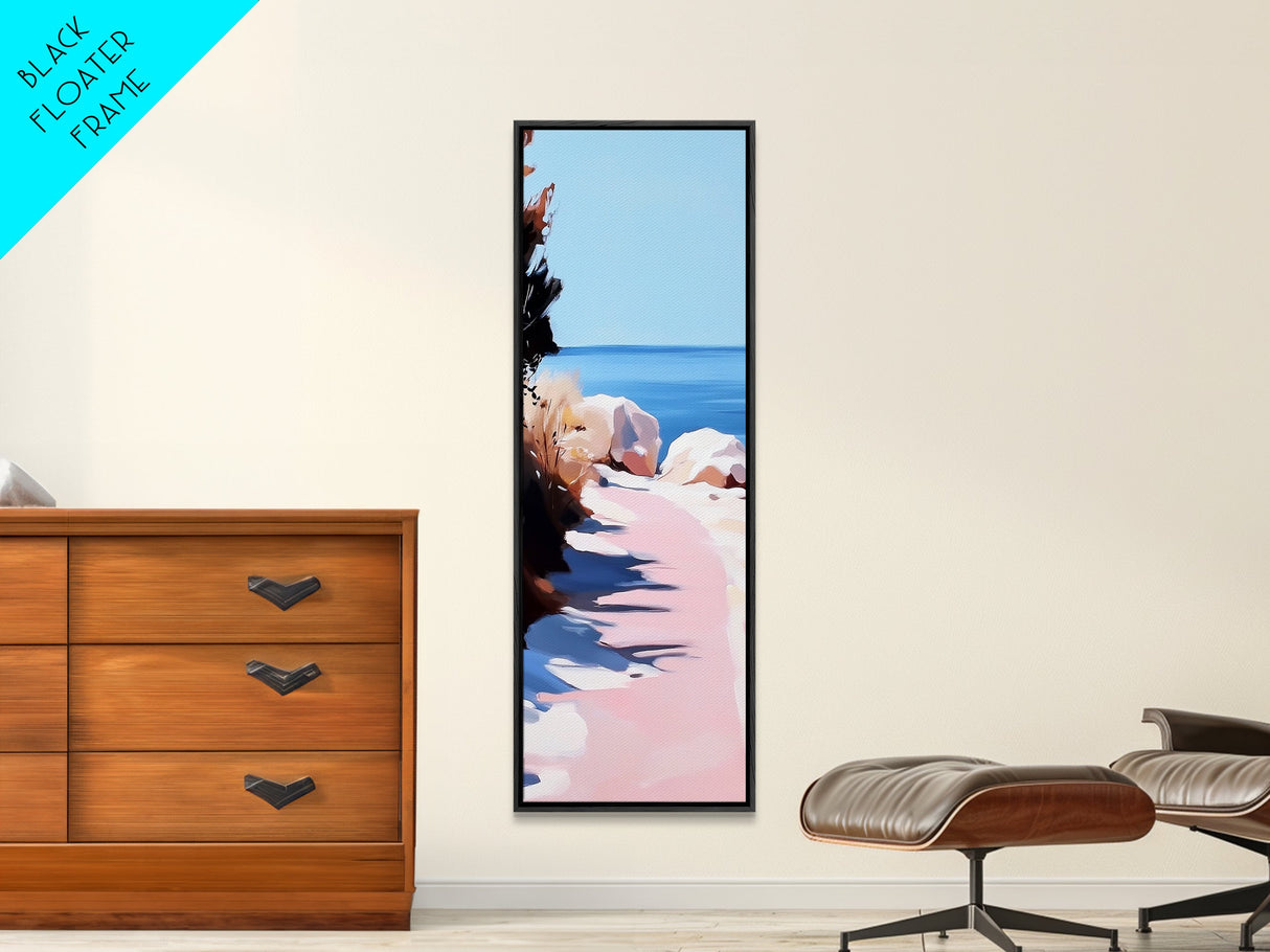 Sunset Pathway, Tranquil Nature Art, Serene Beach Scene, Pastel Landscape, Warm Toned Painting, Dreamy Home Decor, Framed Canvas Print