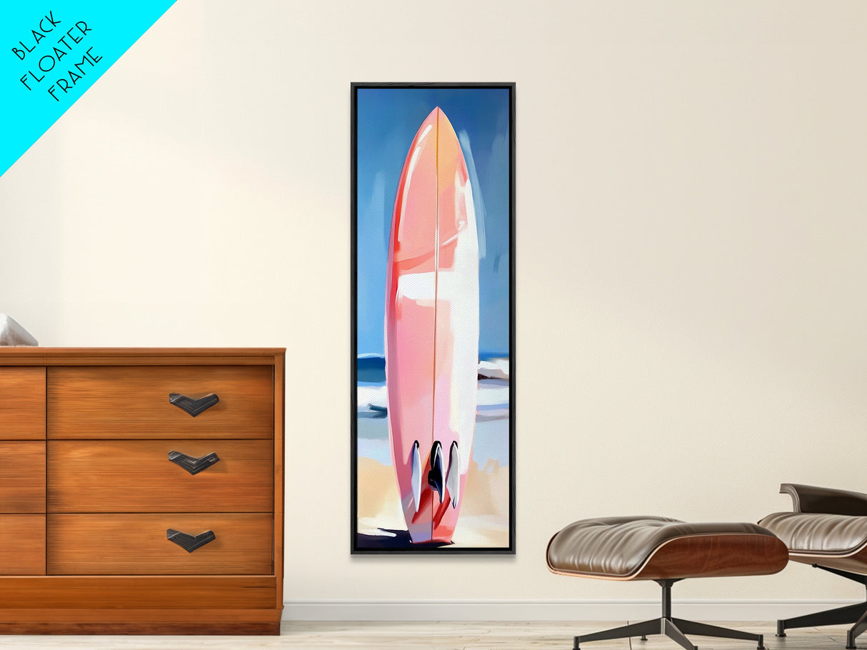 Pink Surfboard, Beach House Art, Coastal Aesthetic, Surfer Lifestyle, Summer Vibes, Ocean Theme Framed Canvas Print, Modern Wall Decor