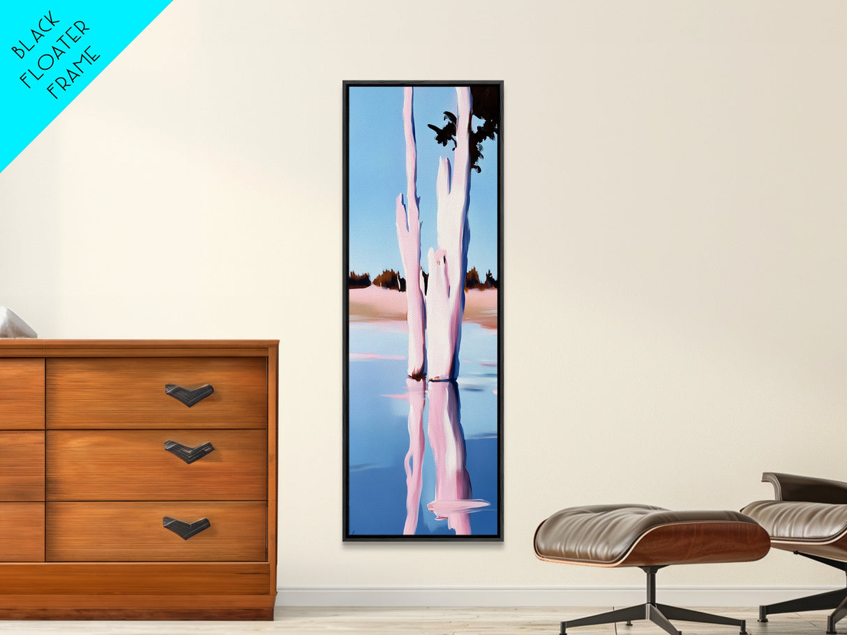 Pink Trees, Lake Reflection, Minimalist Nature, Calm Water Scene, Soft Pastel Wall Art, Tranquil Framed Canvas Print, Zen Home Decor