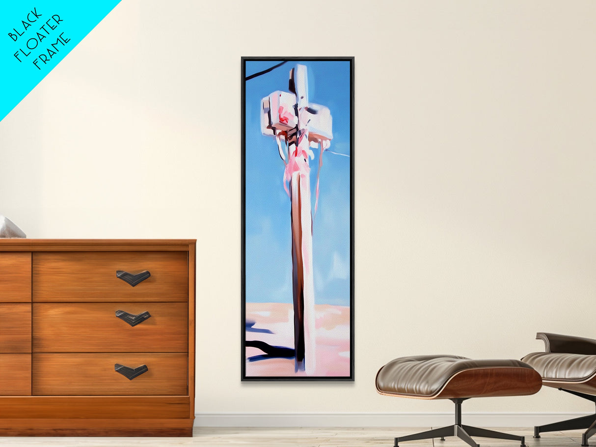 Coastal Utility Pole, Minimalist Beach Art, Soft Pastel Aesthetic, Sky Blue Landscape, Modern Wall Decor, Framed Canvas Print, Ocean Vibes