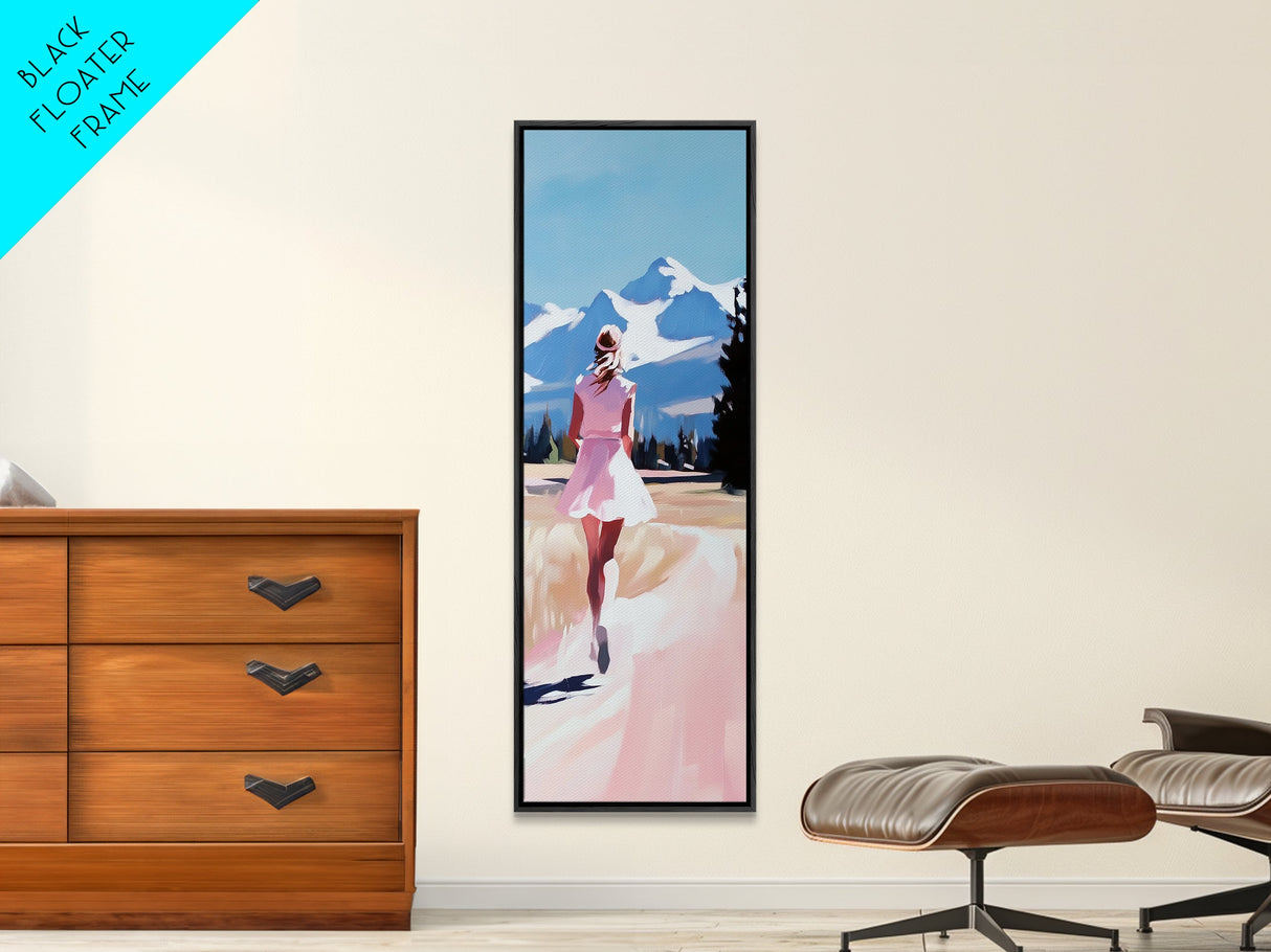 Mountain Runner, Pink Dress, Scenic Landscape Art, Framed Canvas Print, Minimalist Wall Art, Nature Lover, Bedroom Wall Art