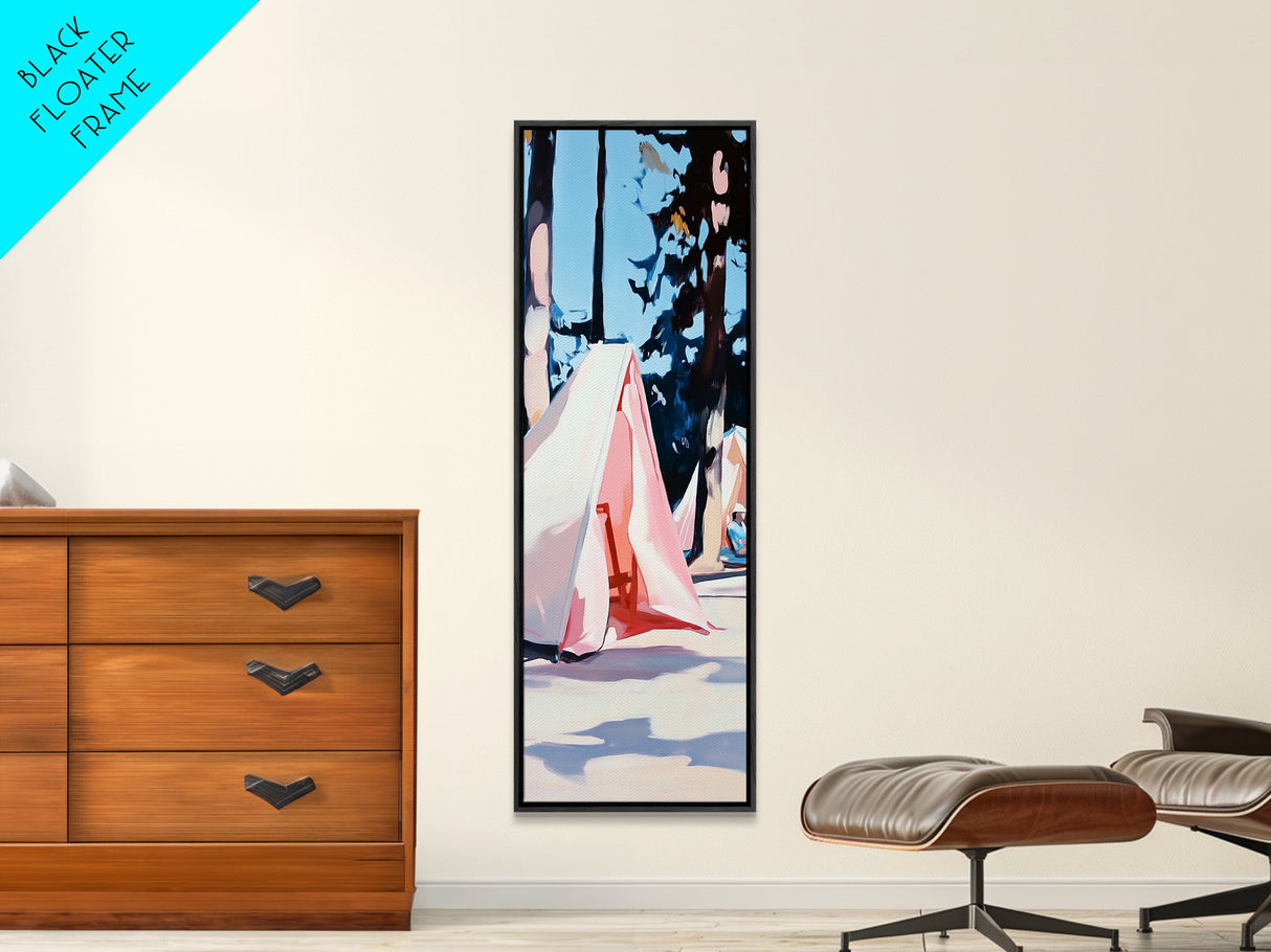 Boho Tent Camping, nature-inspired decor, adventure lover’s painting, rustic summer escape, whimsical outdoor scene, framed canvas print