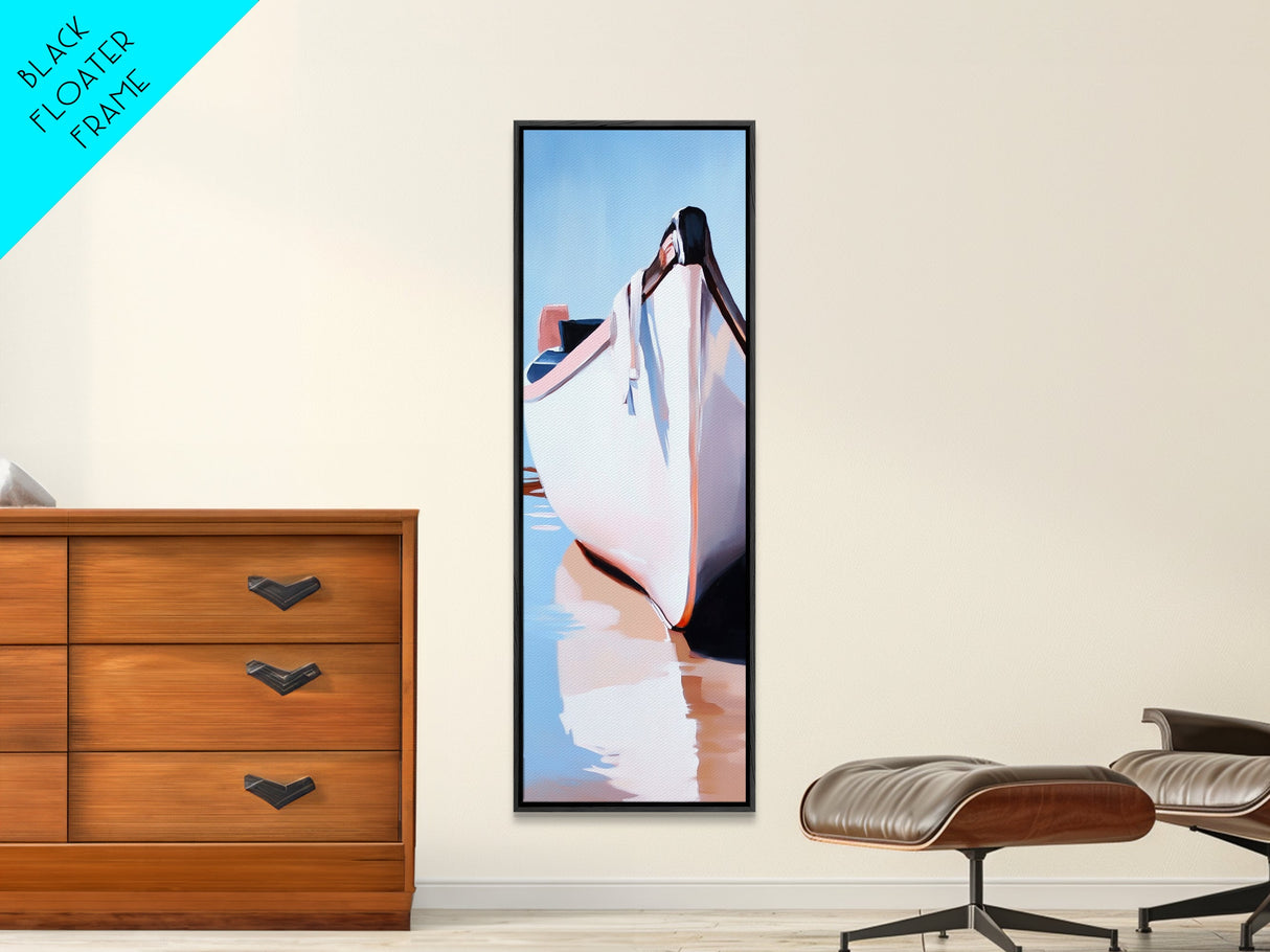 Seaside Rowboat, nautical home decor, coastal art, soft pastel painting, tranquil ocean vibes, bedroom wall art, framed canvas print