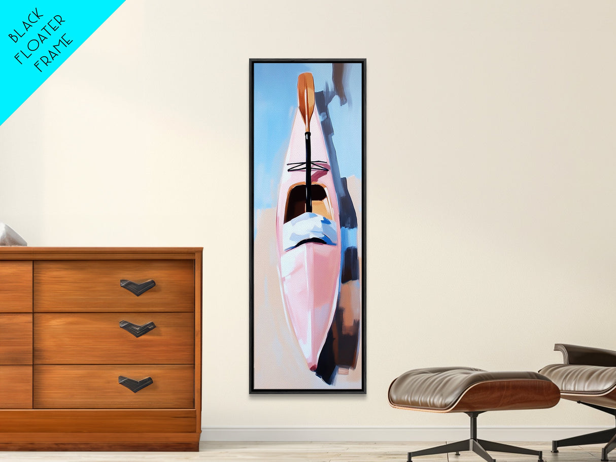 Kayak on Sand, adventure art, beach lover’s decor, soft pastel painting, nature wall art, modern boho aesthetic, framed canvas print