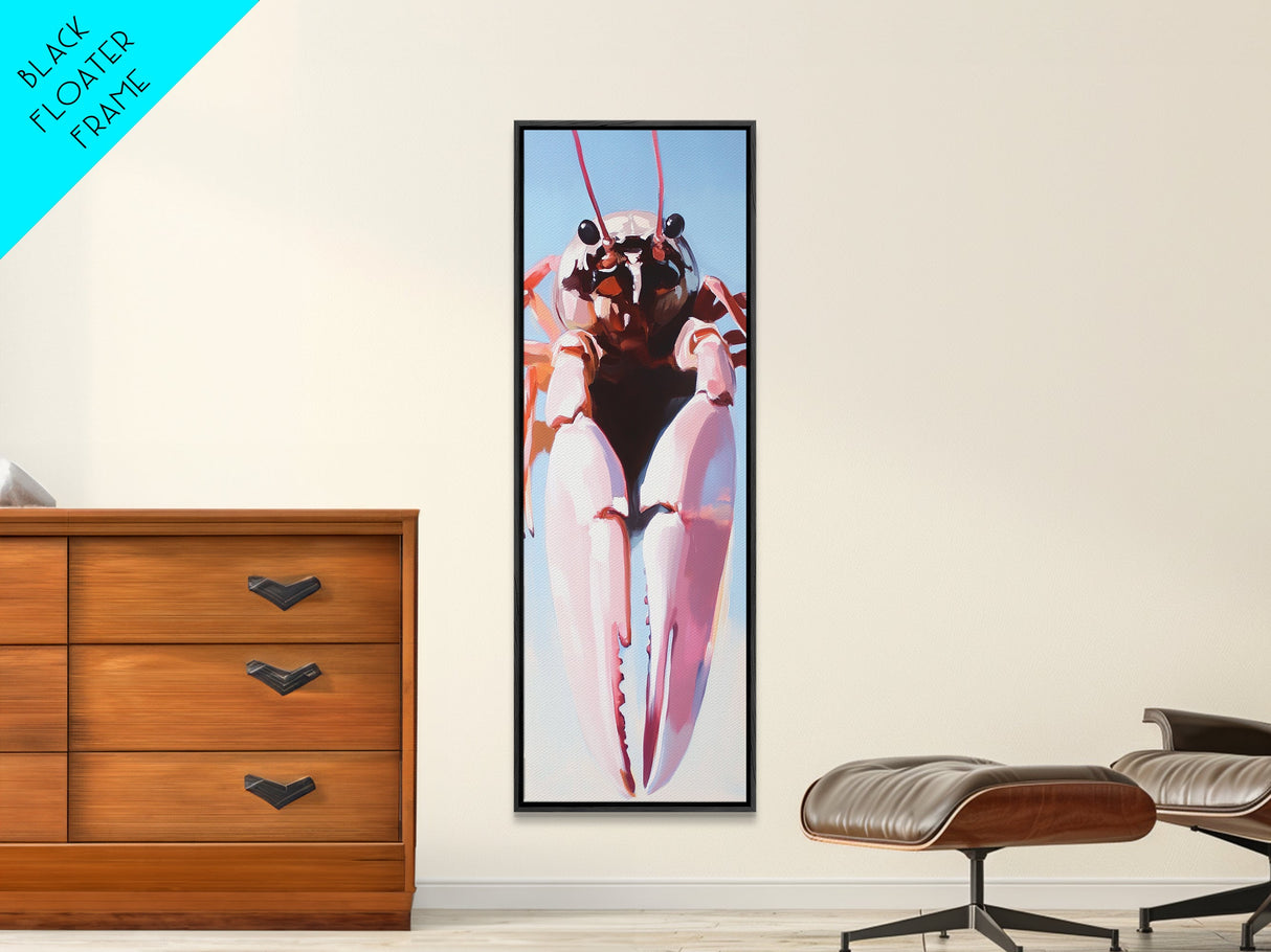 Pink Lobster Art, Coastal Kitchen Decor, Nautical Seafood Print, Framed Canvas Print, Whimsical Ocean Art, Modern Beach House Wall Art