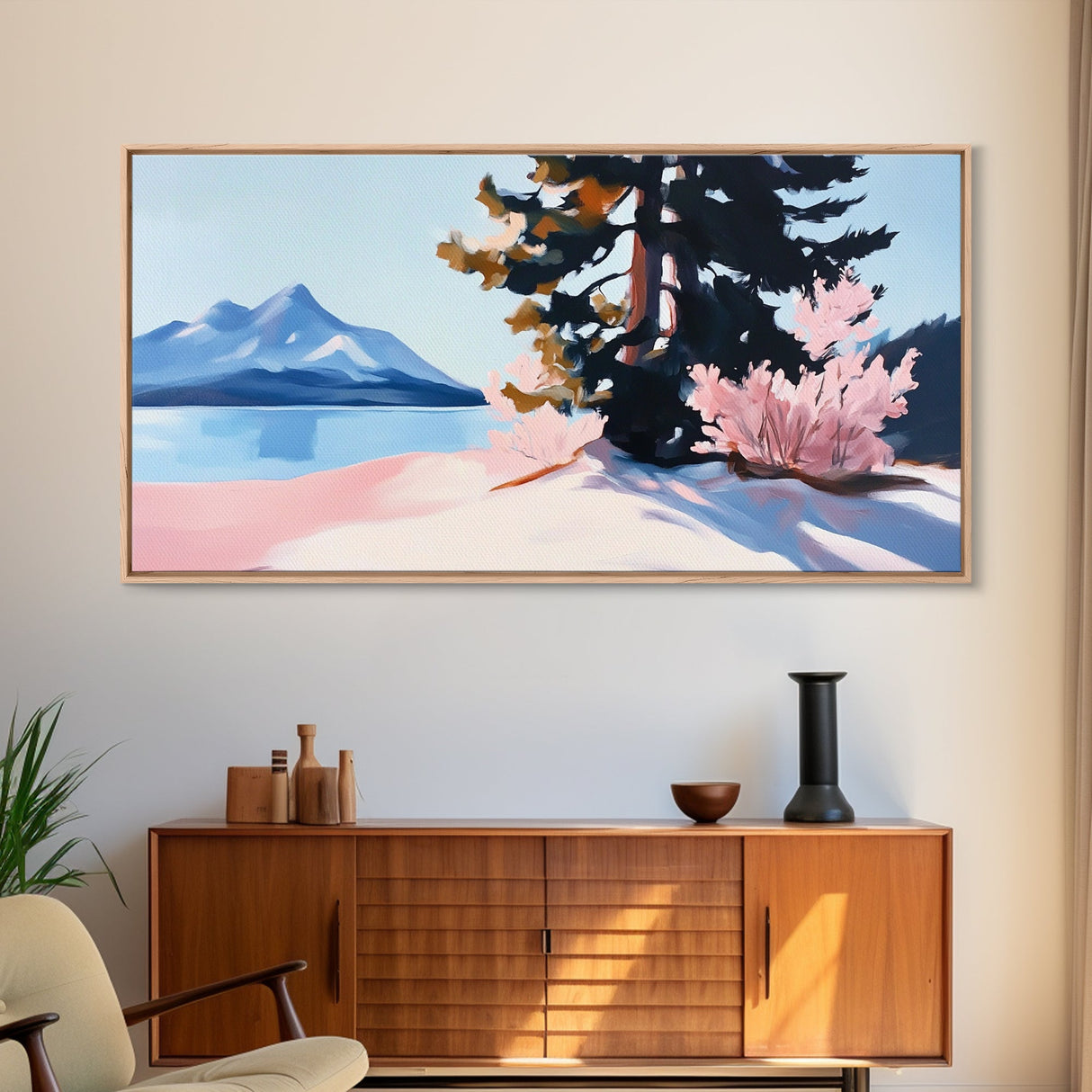 Mountain Landscape, Tranquil Lake Scene, Serene Nature Painting, Minimalist Home Decor, Rustic Wilderness Art, Framed Canvas Print