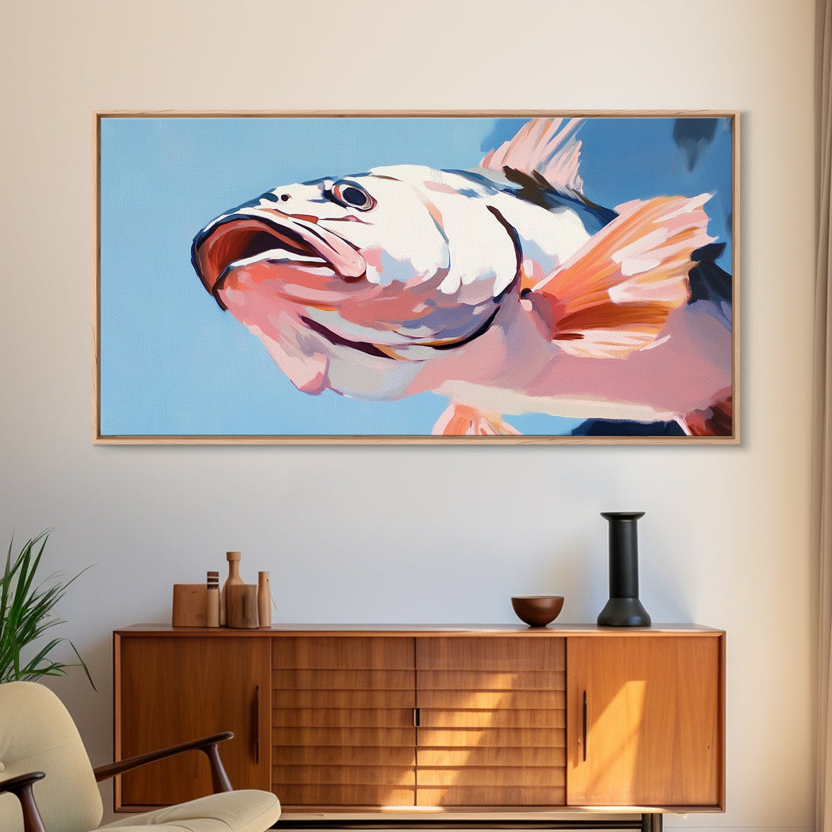 Pink Fish, Ocean Art, Coastal Aesthetic, Nautical Wall Art, Beach House Decor, Sea Life Painting, Living Room Wall Art, Canvas Print