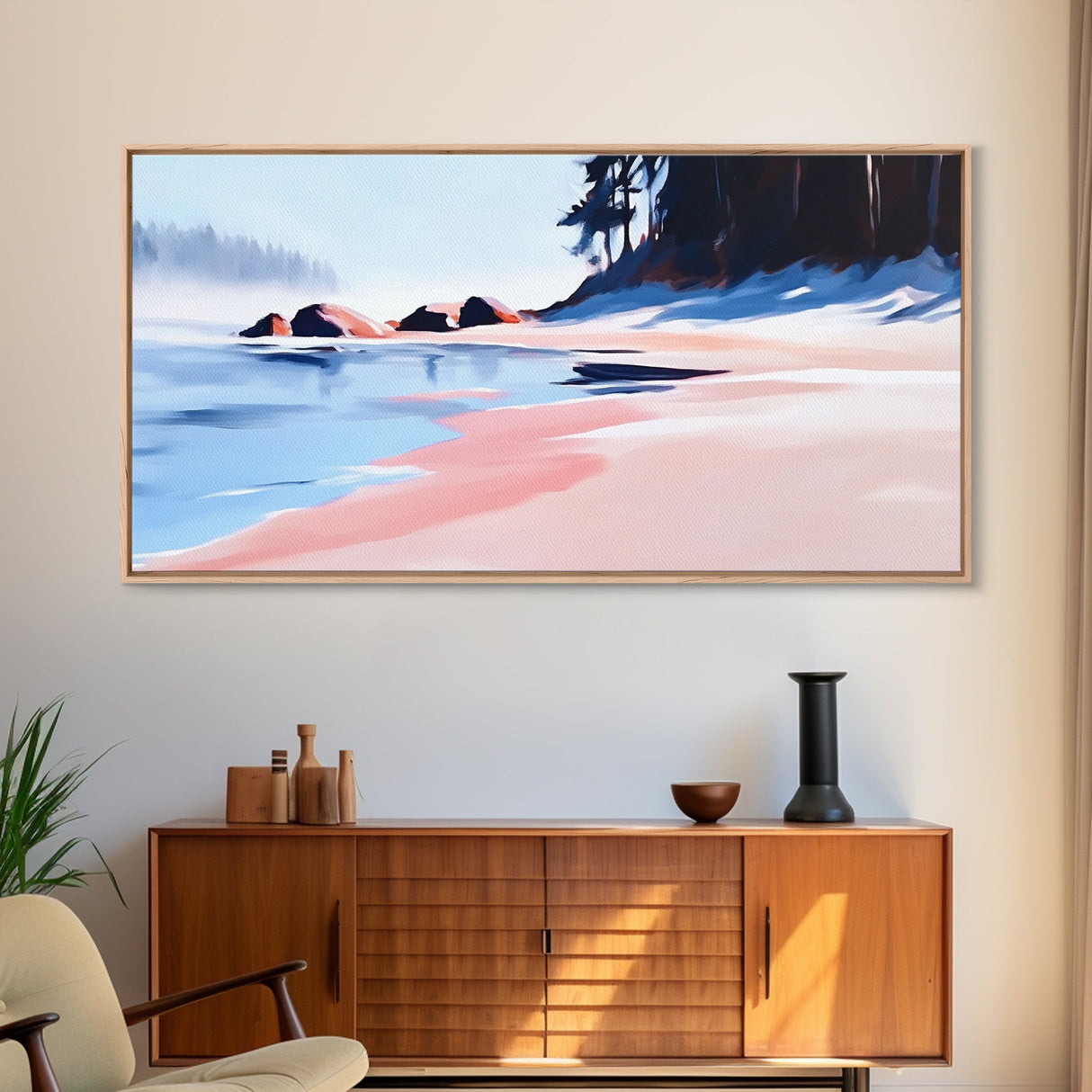 Misty Beach, Tranquil Ocean Scene, Soft Coastal Aesthetic, Framed Canvas Print, Minimalist Seascape, Relaxing Home Wall Decor