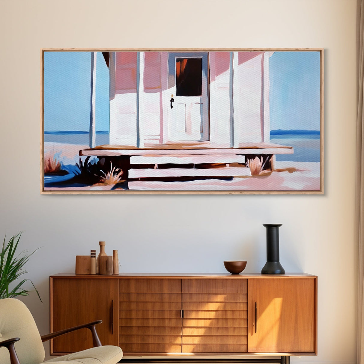 White House, Oceanfront, Rustic, Framed Canvas Print, Coastal Decor, Minimalist Art, Beach House Wall Art, Serene Living Room Art