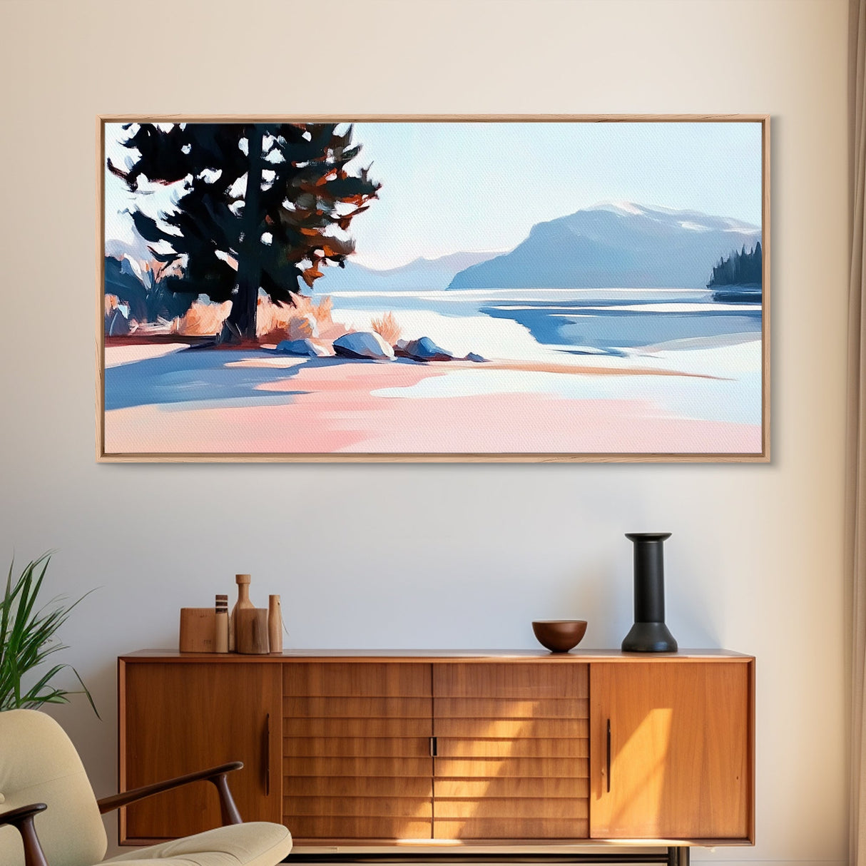 Mountain Lake, Pine Tree, Scenic Nature, Landscape Painting, Framed Canvas Print, Bedroom Wall Art, Rustic Home Decor, Nature Gift