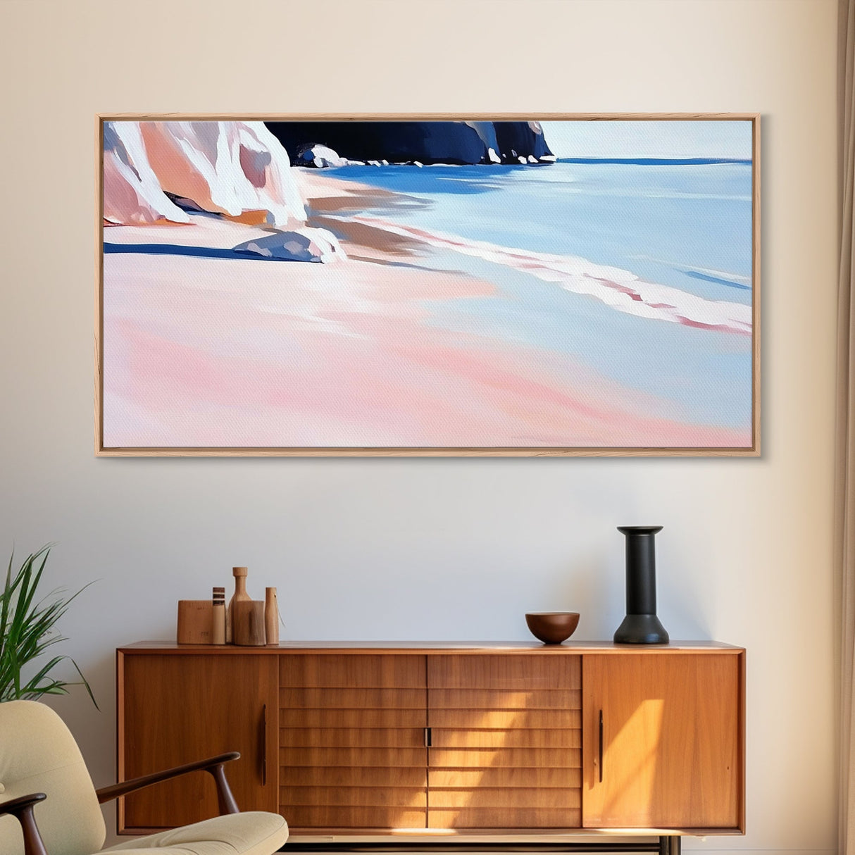 Sandy Beach, Ocean Shore, Soft Pastels, Seaside Tranquility, Framed Canvas Print, Coastal Wall Art, Bathroom Decor, Nautical Painting