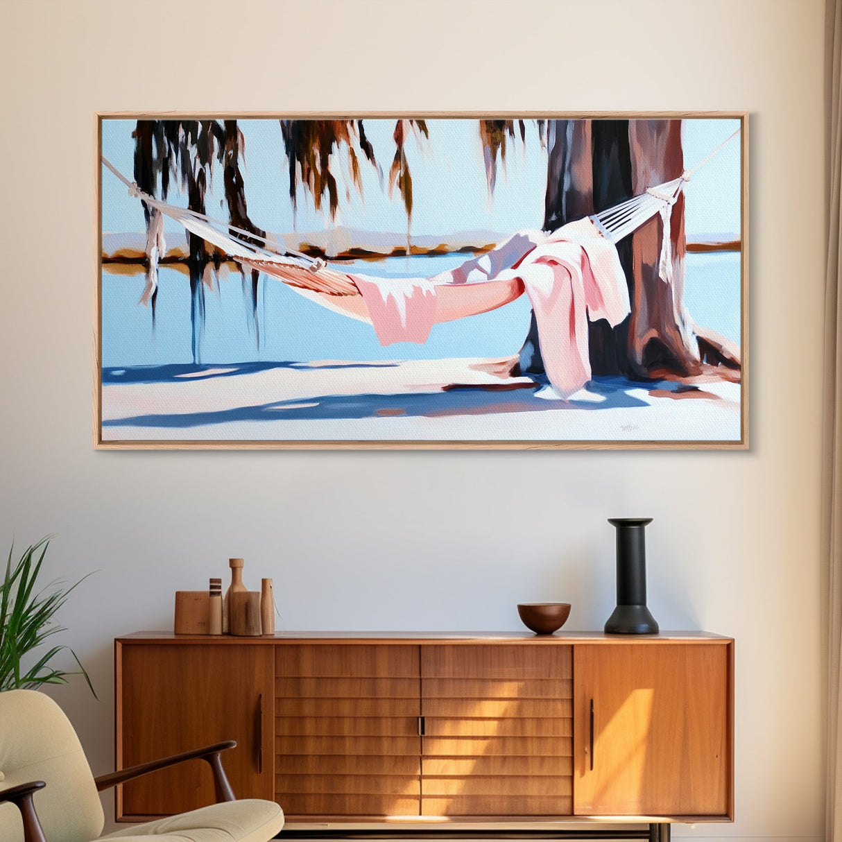 Hammock Retreat, Peaceful Escape, Lazy Afternoon, Lakeside Vibes, Framed Canvas Print, Relaxing Wall Art, Bedroom Decor, Nature Gift