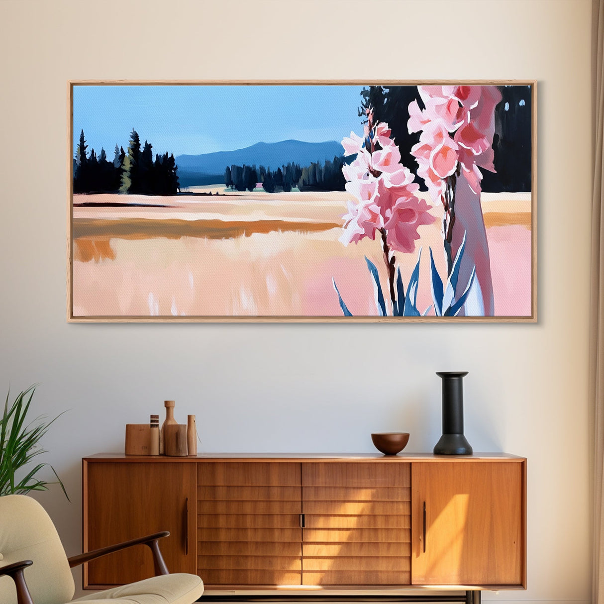 Pink Flowers, Nature Landscape, Countryside Wall Art, Floral Aesthetic, Boho Decor, Bedroom Wall Art, Minimalist Art, Canvas Print