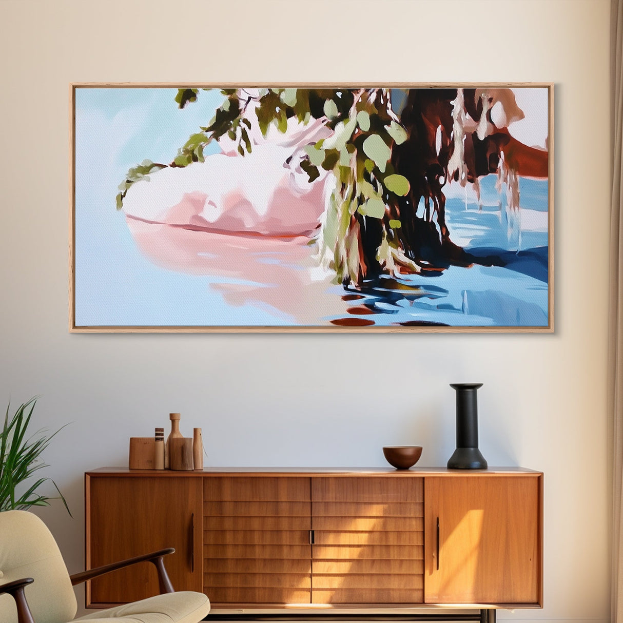 Serenity Reflections, Nature, Framed Canvas Print, Tranquil lake scene, soft pastels, modern landscape, minimalist decor, bedroom wall art