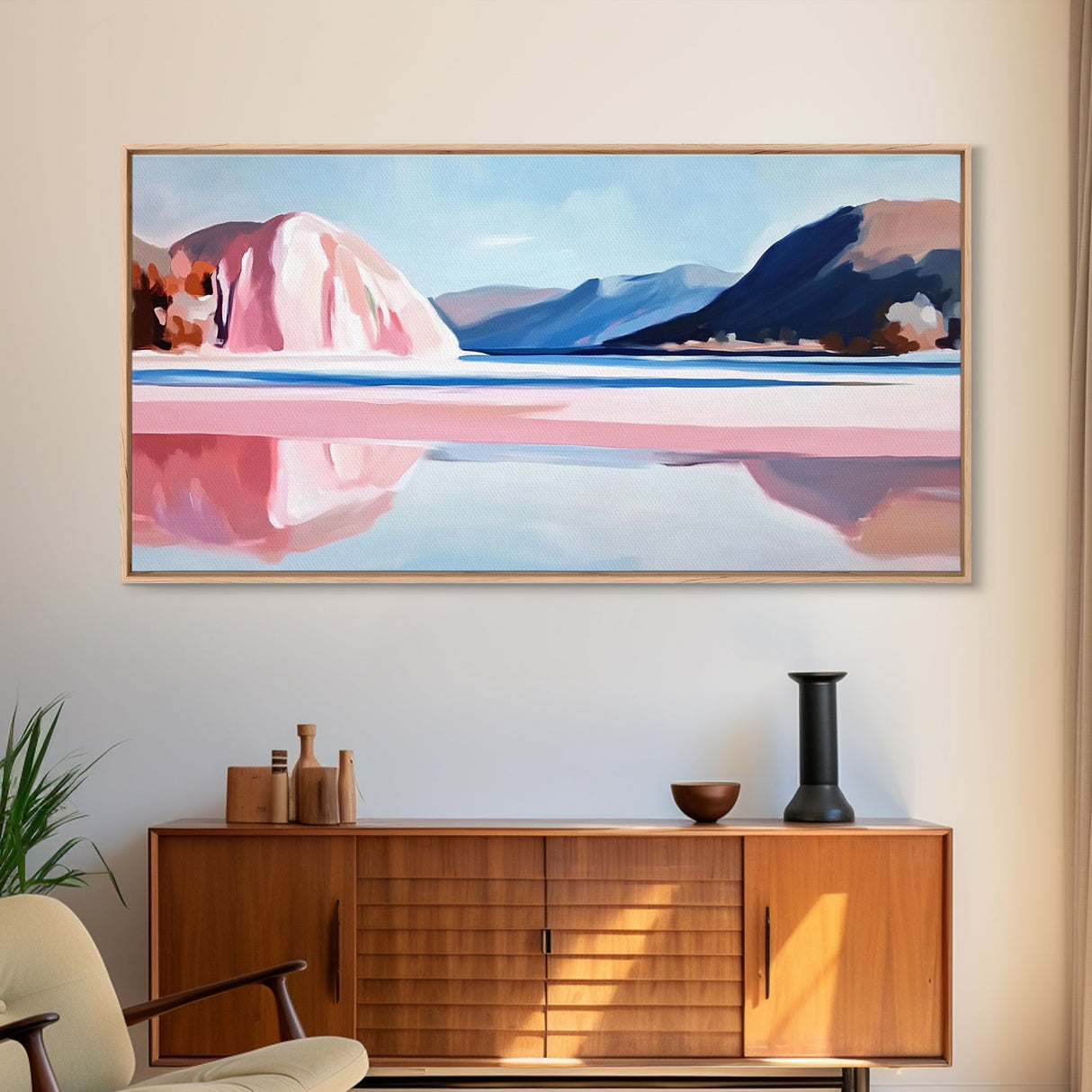 Lake Mountains, Reflections, Canvas Print, landscape art, nature painting, boho wall decor, peaceful mountain view, contemporary scenery